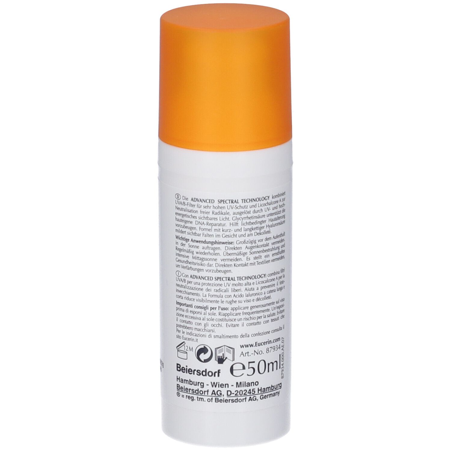 Weiße Flasche mit orangefarbenem Deckel. Rückseite mit Text. Eucerin Sun Photoaging Control Face Fluid LSF 50.
