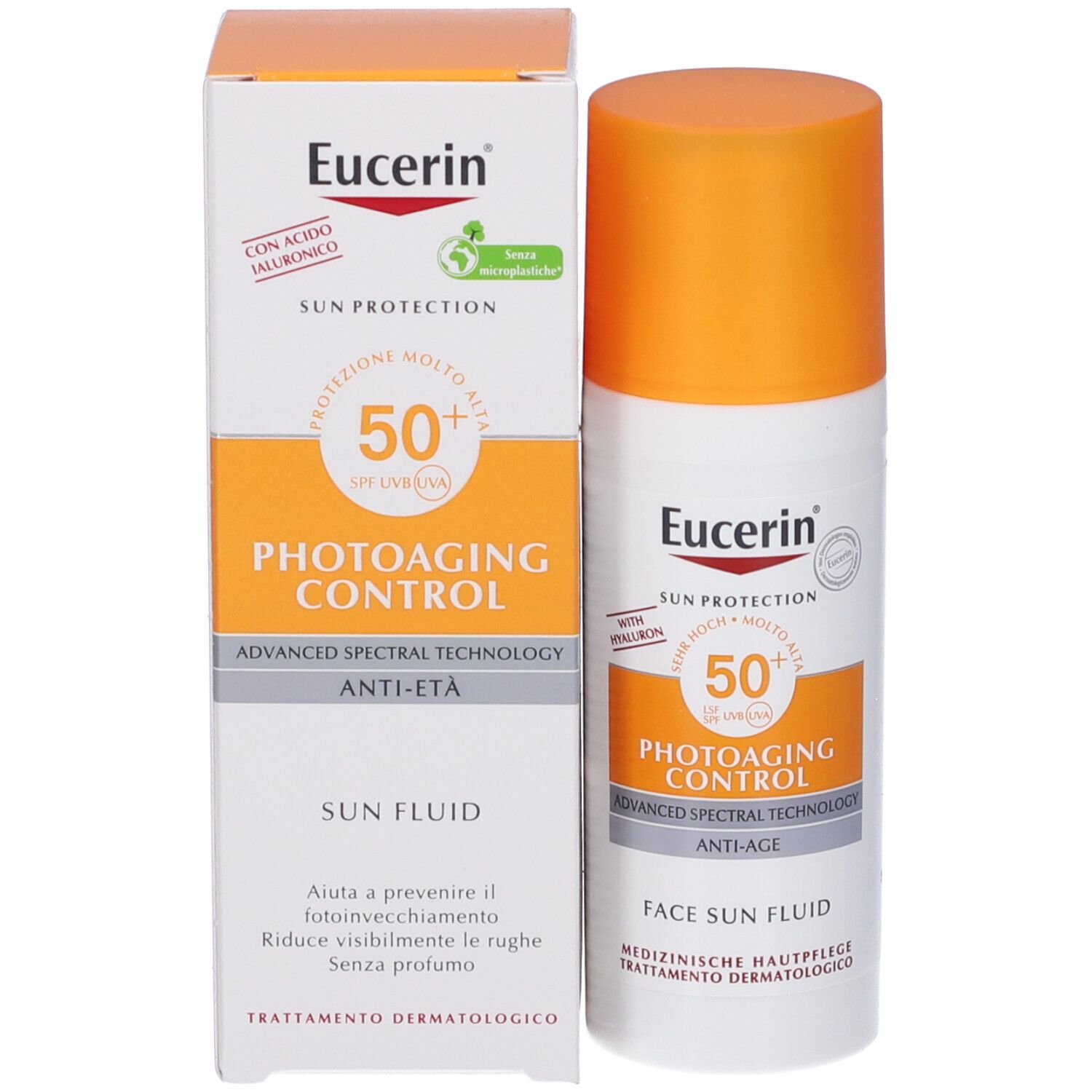 Eucerin Sun Photoaging Control Face Fluid LSF 50 und Verpackung. Text: Mit Hyaluron, Anti-Age. Verpackung mit Text.