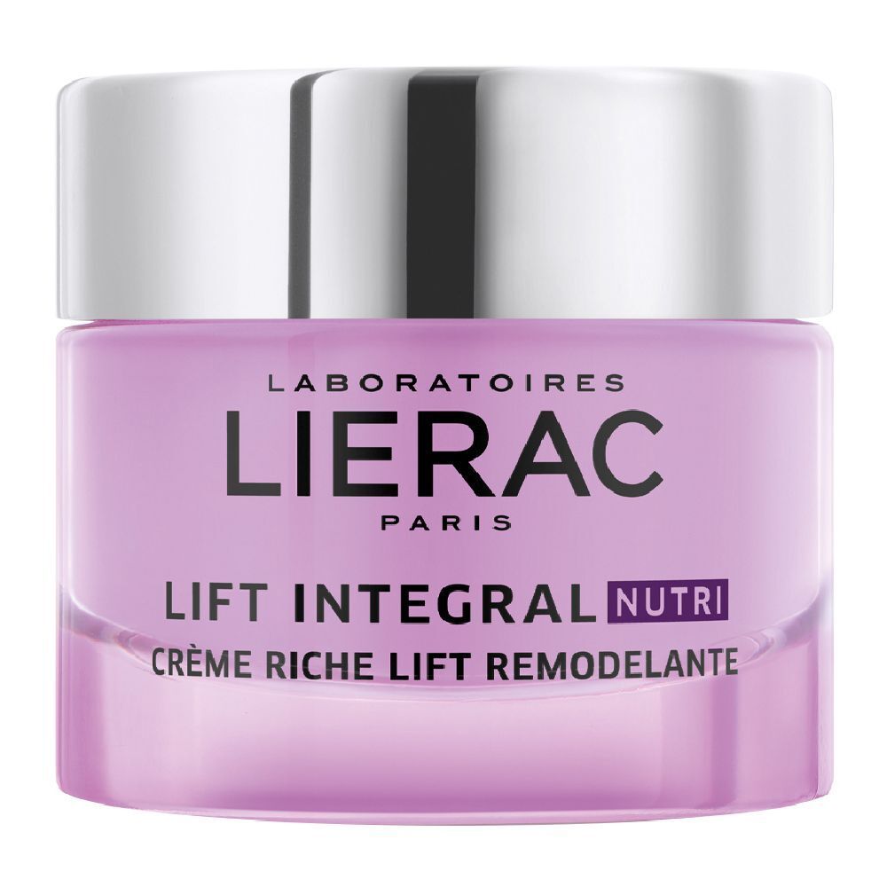 Pot de crème avec couvercle argenté. Inscription: LIERAC PARIS, LIFT INTEGRAL NUTRI, Crème Riche Lift Remodelante.