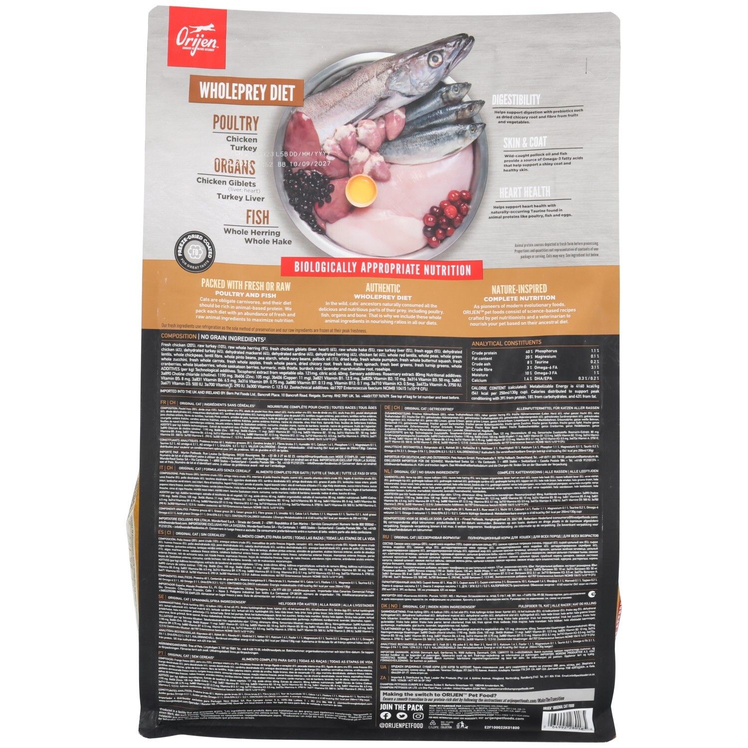 Dos de l'emballage de nourriture Orijen Original Cat avec aperçu des ingrédients et informations nutritionnelles.