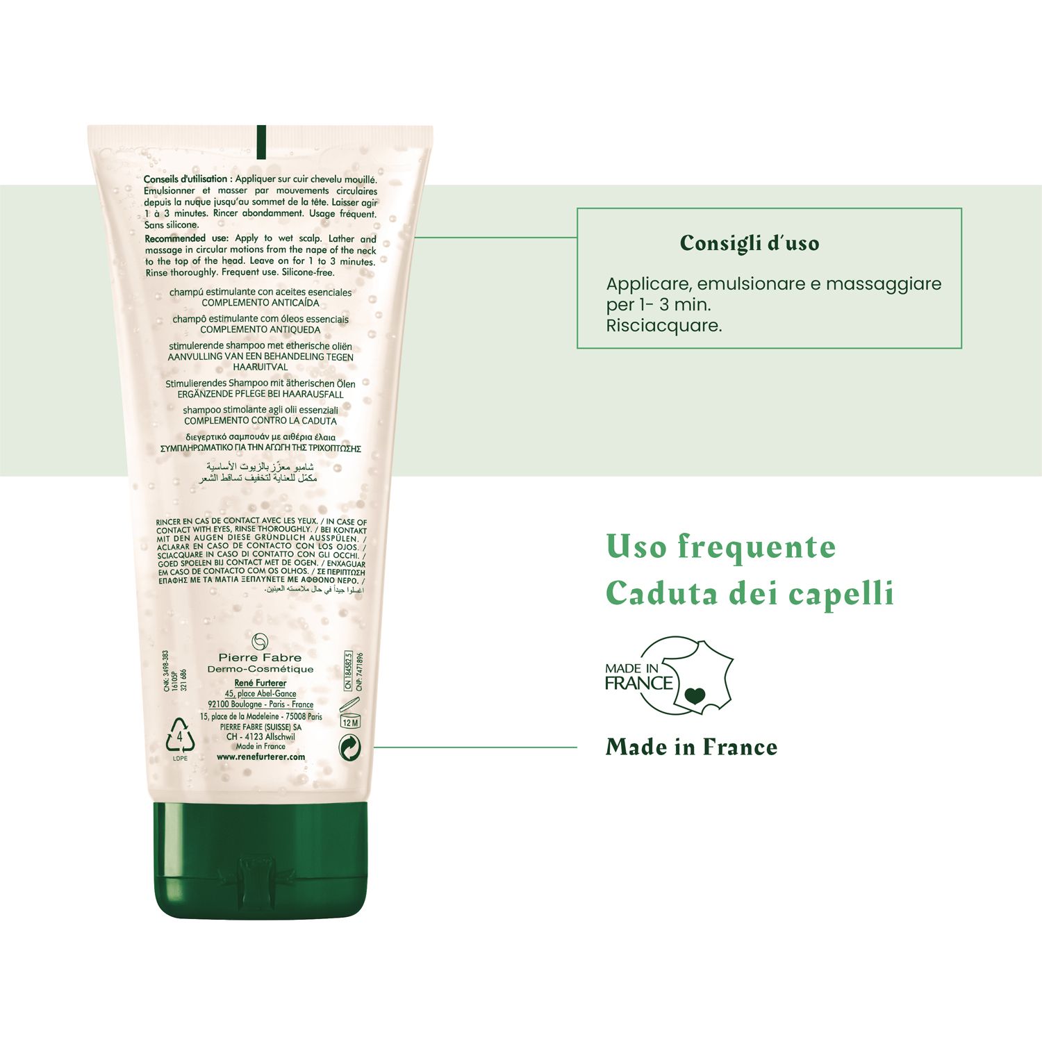 Rückseite der Tube mit Text. Enthält Anweisungen und Informationen. Made in France-Logo.