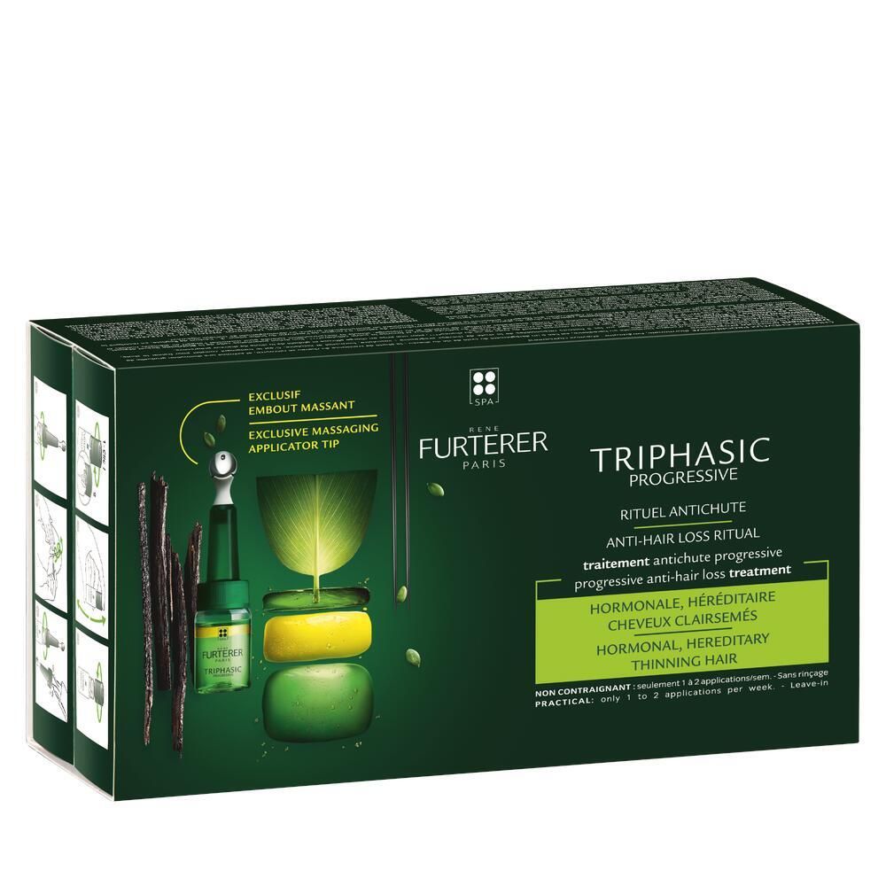 Boîte verte avec illustration et texte. Contient le produit Triphasic Progressive. Texte: Rituel antichute.