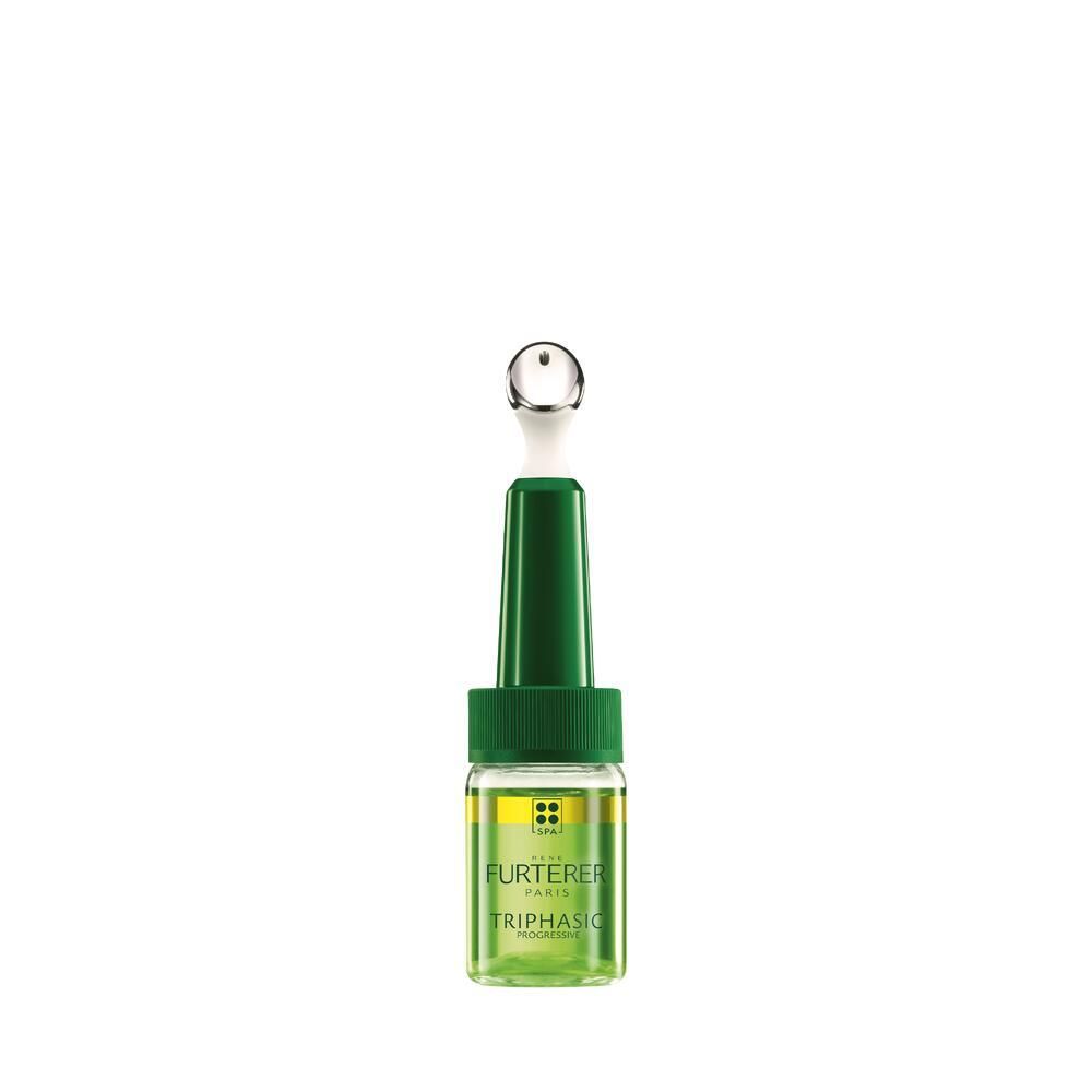 Flacon vert avec applicateur. Nom du produit Triphasic. Liquide transparent visible.