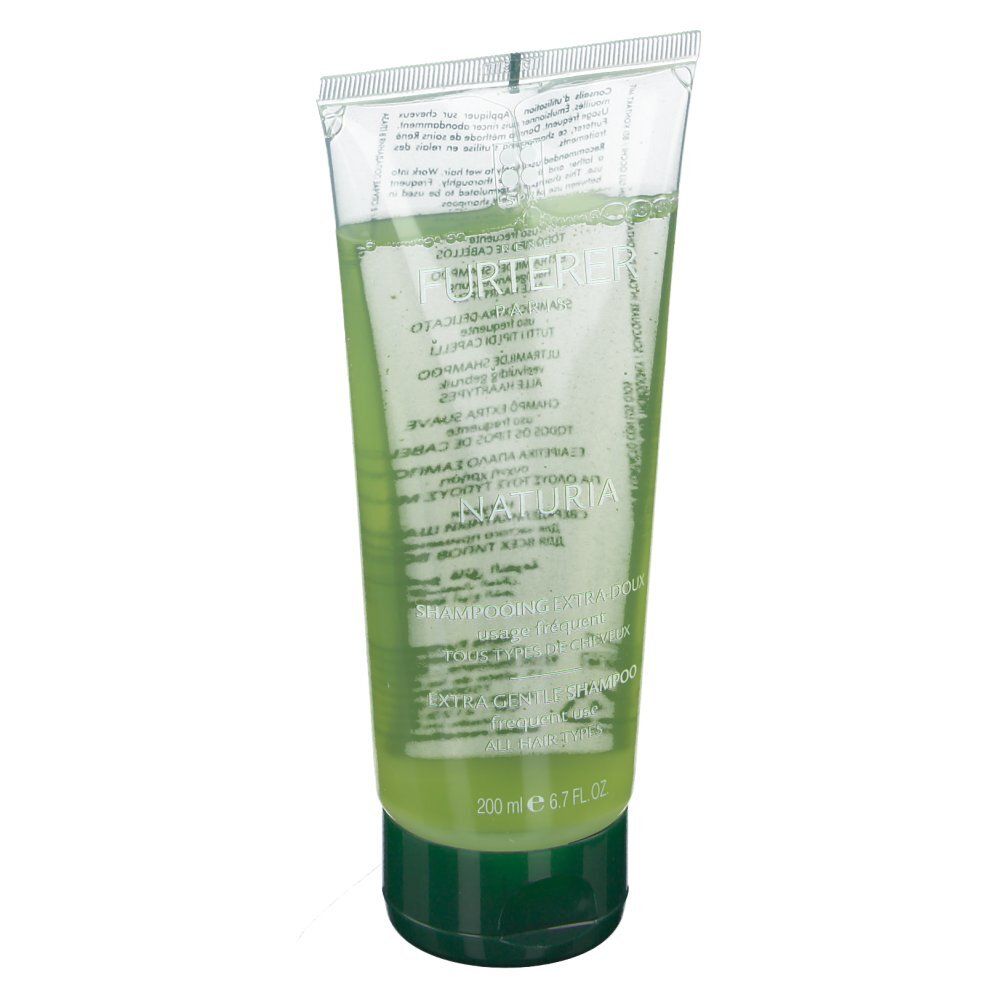 Tube transparent de shampooing. Inscription: FURTERER PARIS, NATURIA, Shampooing extra-doux. Pour tous types de cheveux. 200 ml.