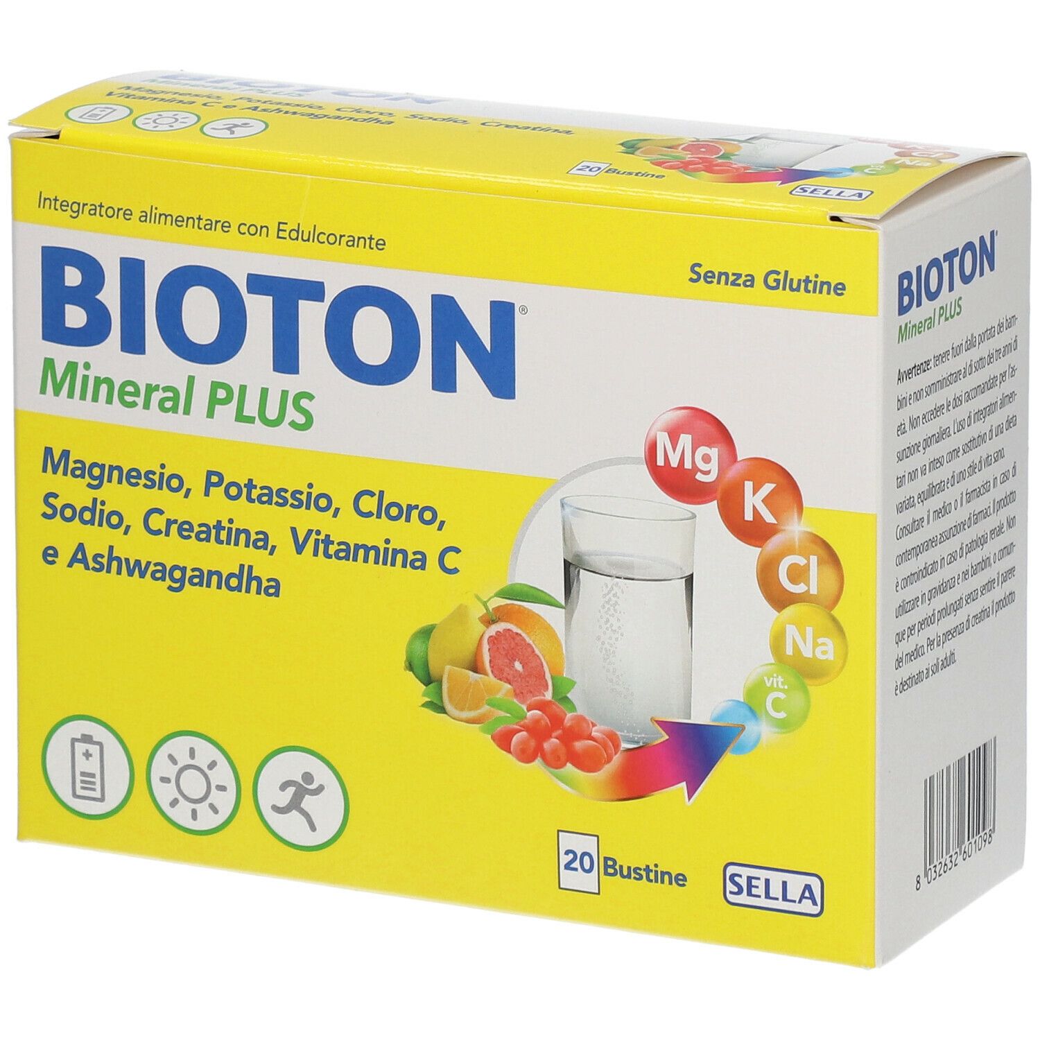 Gelbe Schachtel mit BIOTON Mineral Plus. Enthält Magnesium, Kalium, Chlor, Natrium, Kreatin, Vitamin C und Ashwagandha. 20 Beutel.
