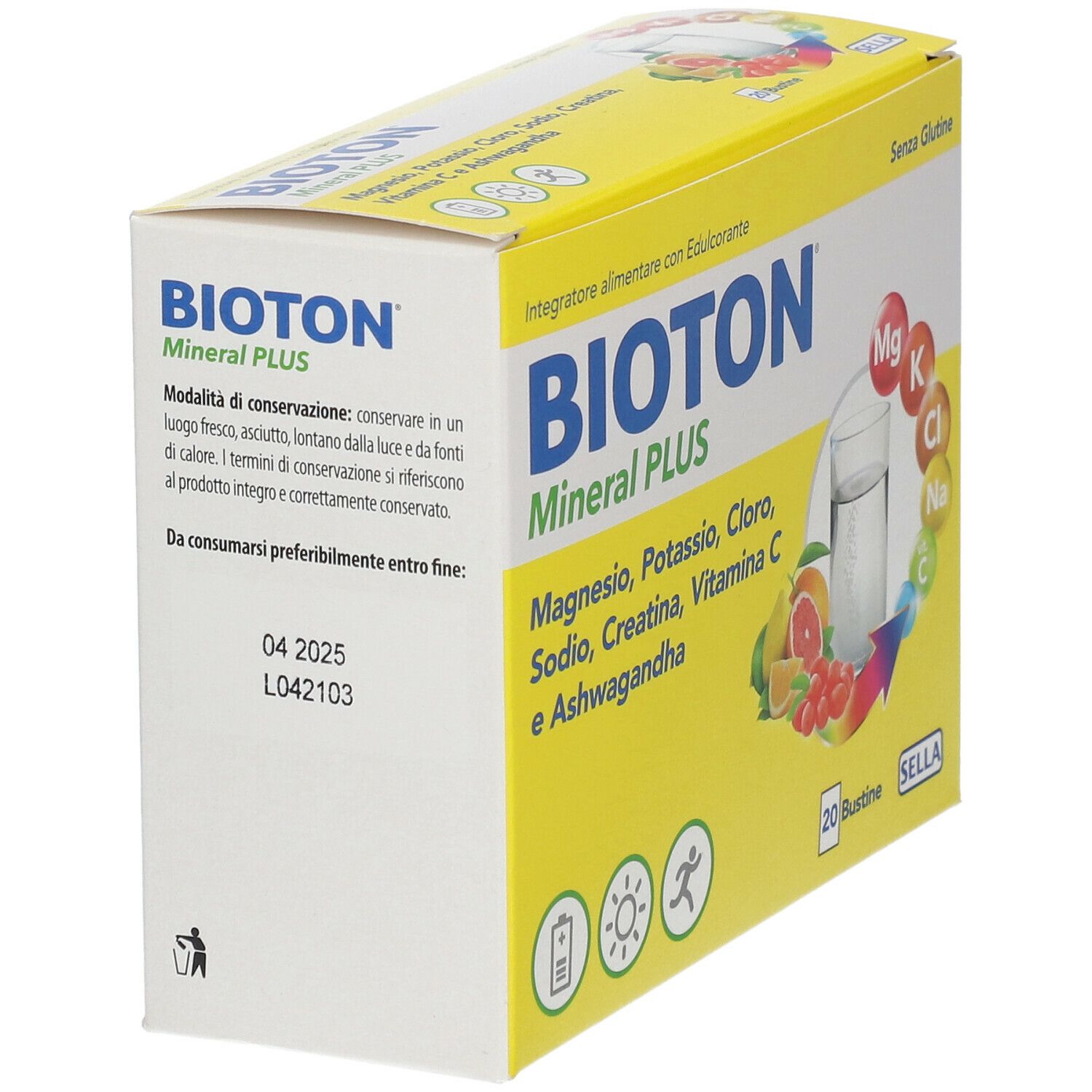 Gelbe Schachtel BIOTON Mineral Plus. Enthält Magnesium, Kalium, Chlor, Natrium, Kreatin, Vitamin C und Ashwagandha. 20 Beutel.