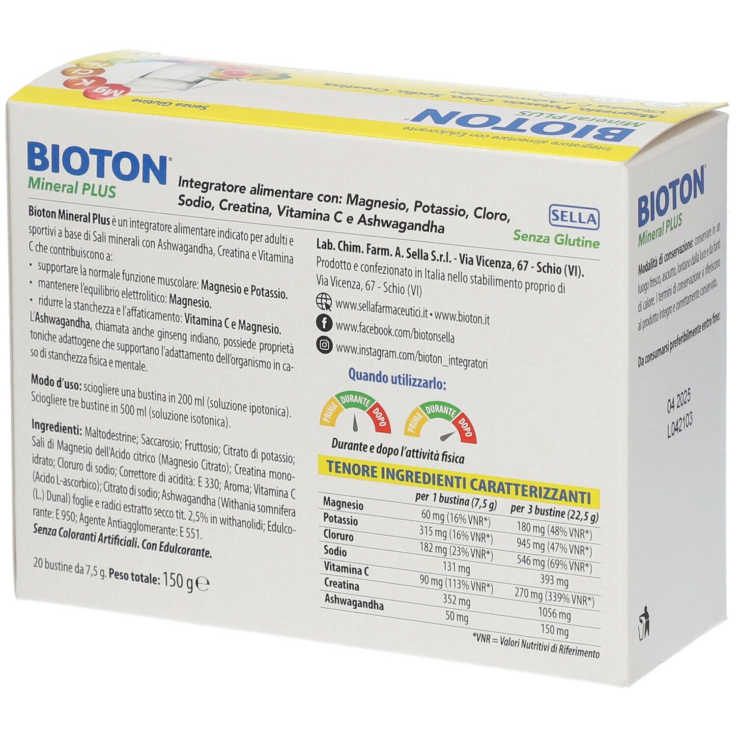 Gelbe Schachtel BIOTON Mineral Plus. Enthält Magnesium, Kalium, Chlor, Natrium, Kreatin, Vitamin C und Ashwagandha. Text und Nährwerttabelle.