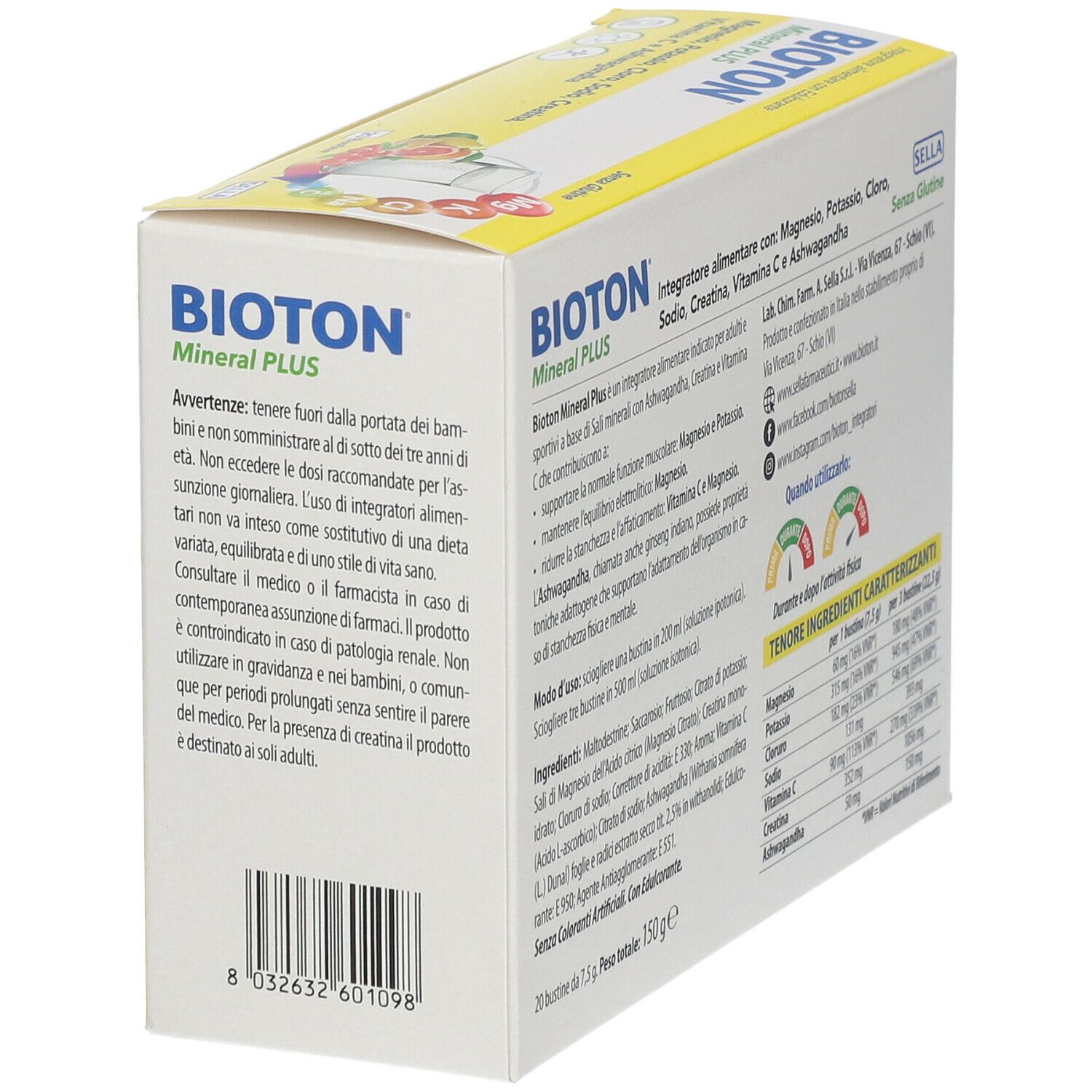Gelbe Schachtel BIOTON Mineral Plus. Enthält Magnesium, Kalium, Chlor, Natrium, Kreatin, Vitamin C und Ashwagandha. Text und Warnhinweise.
