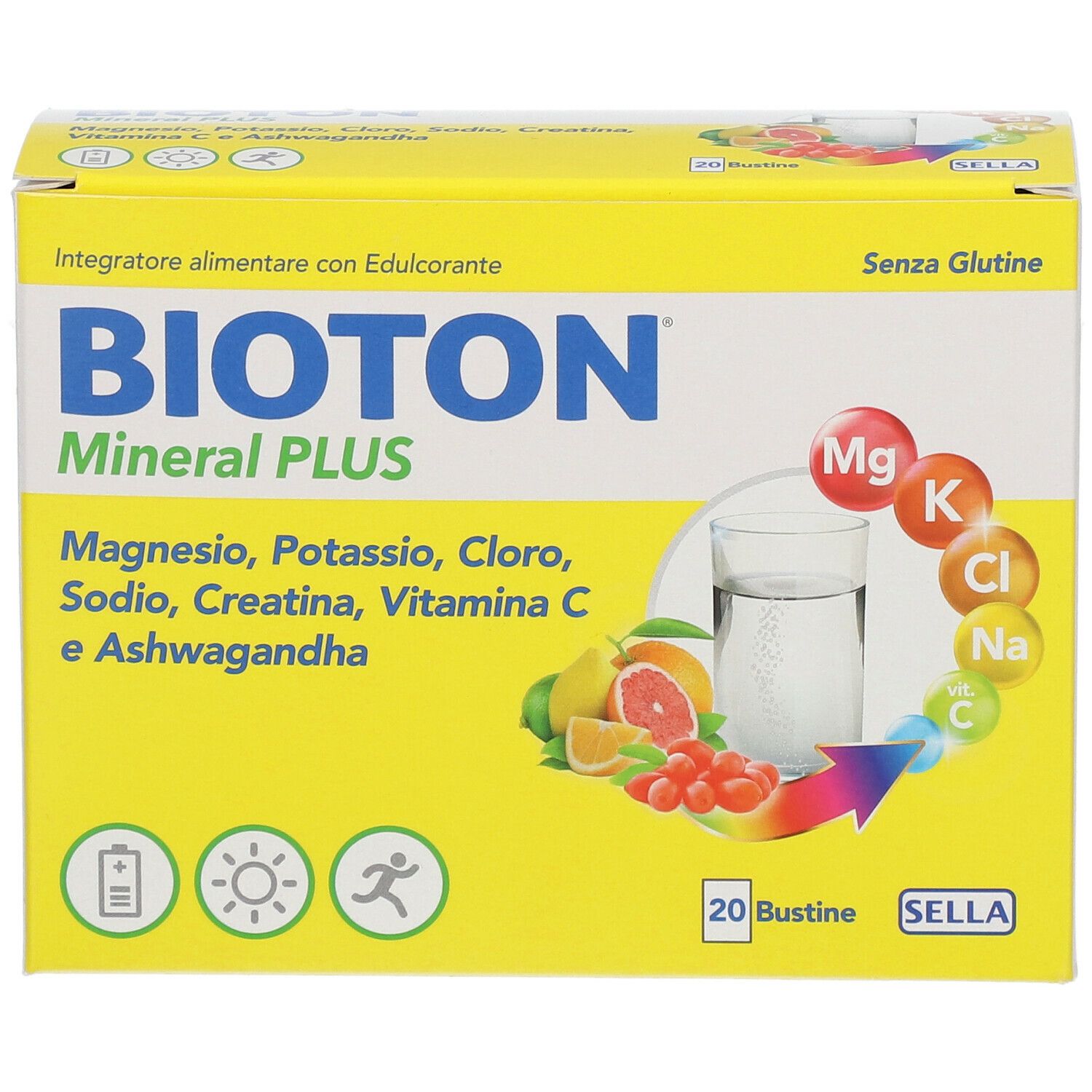 Gelbe Schachtel BIOTON Mineral Plus. Enthält Magnesium, Kalium, Chlor, Natrium, Kreatin, Vitamin C und Ashwagandha. 20 Beutel.