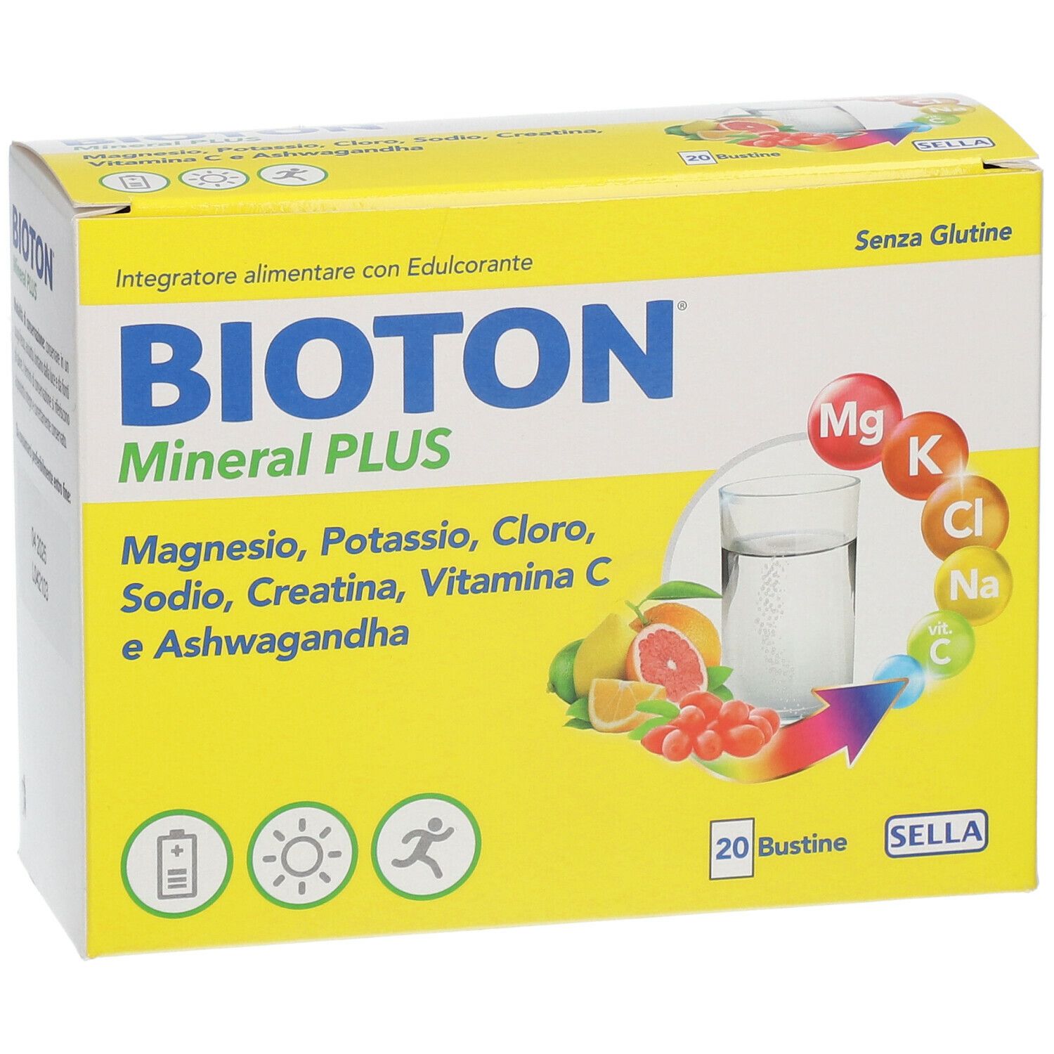 Gelbe Schachtel BIOTON Mineral Plus. Enthält Magnesium, Kalium, Chlor, Natrium, Kreatin, Vitamin C und Ashwagandha. 20 Beutel.