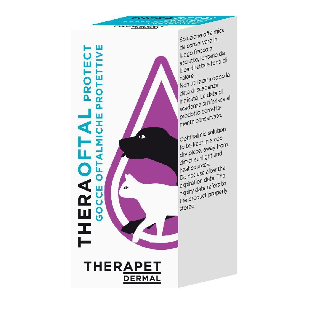 Theraoftal Protect-Verpackung. Weißer Karton mit Produktnamen und Logo. Abbildung von Hund und Katze.