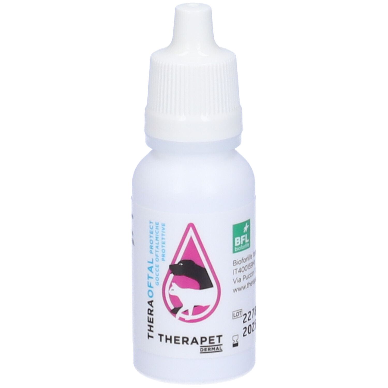 Weiße Flasche Theraoftal Protect. Tropfflasche mit weißem Verschluss. Logo mit Hund und Katze.