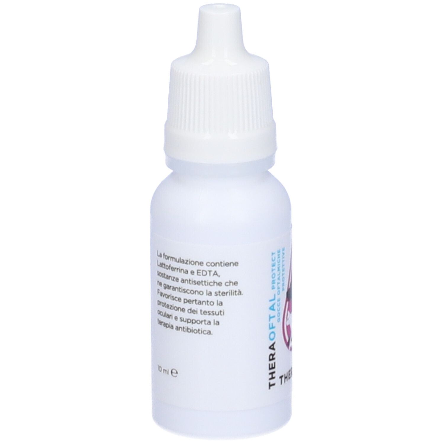 Weiße Flasche Theraoftal Protect. Tropfflasche mit weißem Verschluss. Text und Logo auf der Flasche.