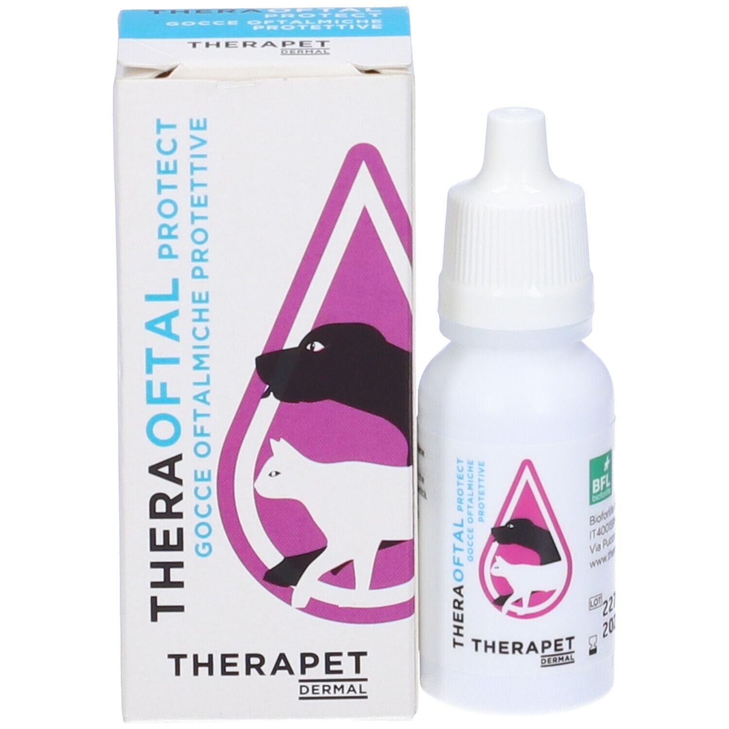 Theraoftal Protect-Verpackung und Flasche. Weiße Flasche mit weißem Verschluss. Logo und Text.