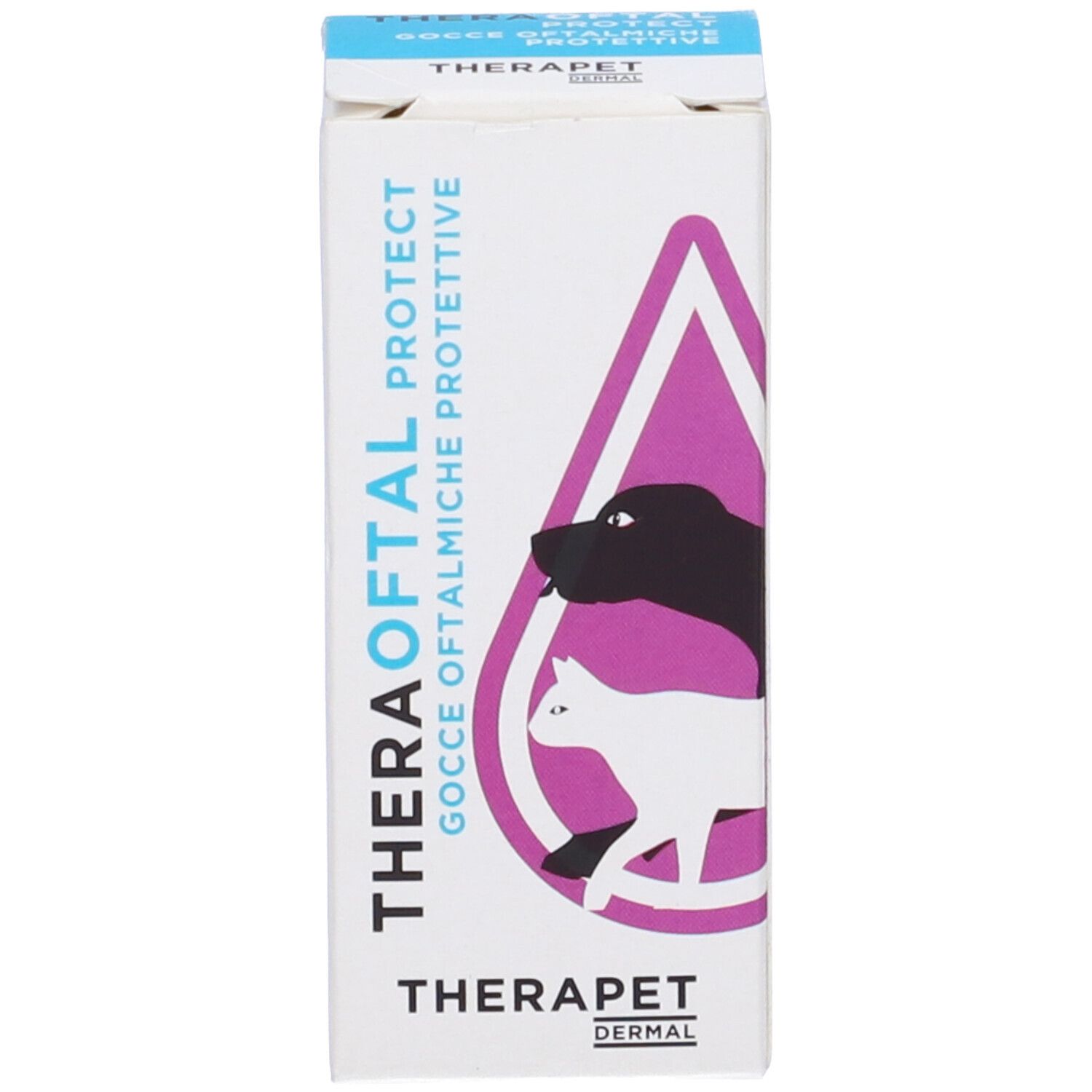 Theraoftal Protect-Verpackung. Weißer Karton mit Produktnamen und Logo. Abbildung von Hund und Katze.