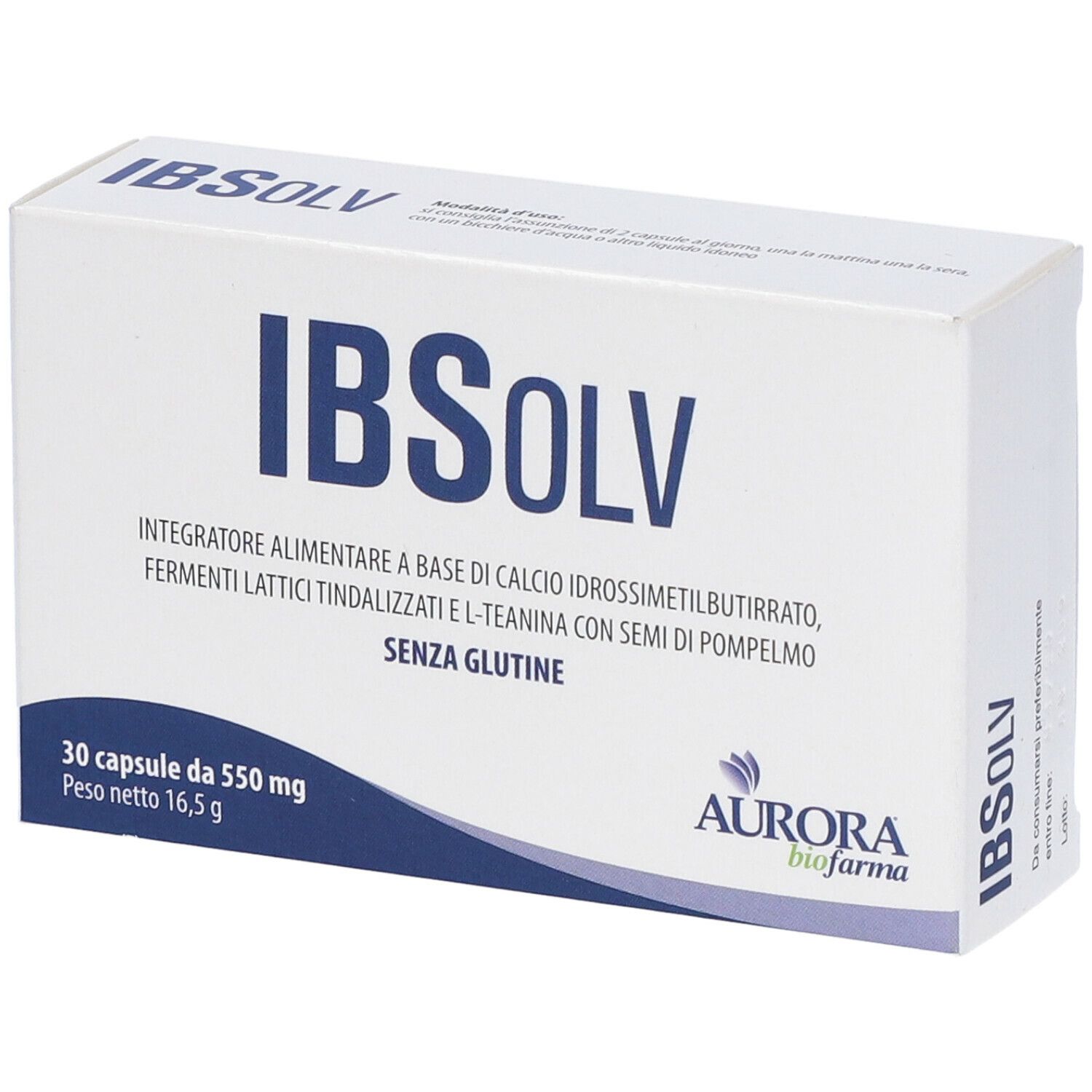 Weiße Schachtel mit blauer Schrift. Aufschrift: IBSOLV, 30 Kapseln, Aurora biofarma. Enthält Inhaltsangaben.