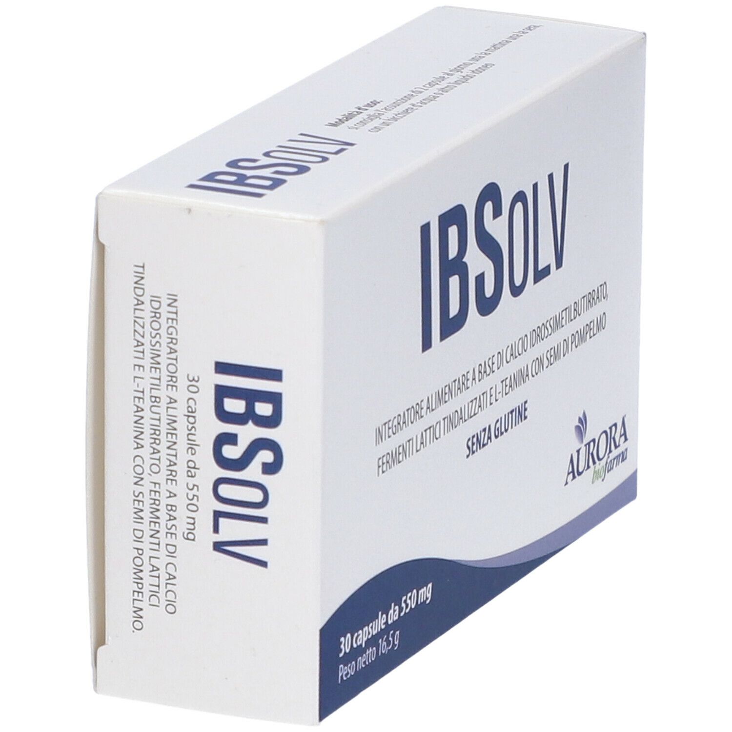 Weiße Schachtel mit blauer Schrift. Aufschrift: IBSOLV, Aurora biofarma. Produktverpackung, schräge Ansicht.