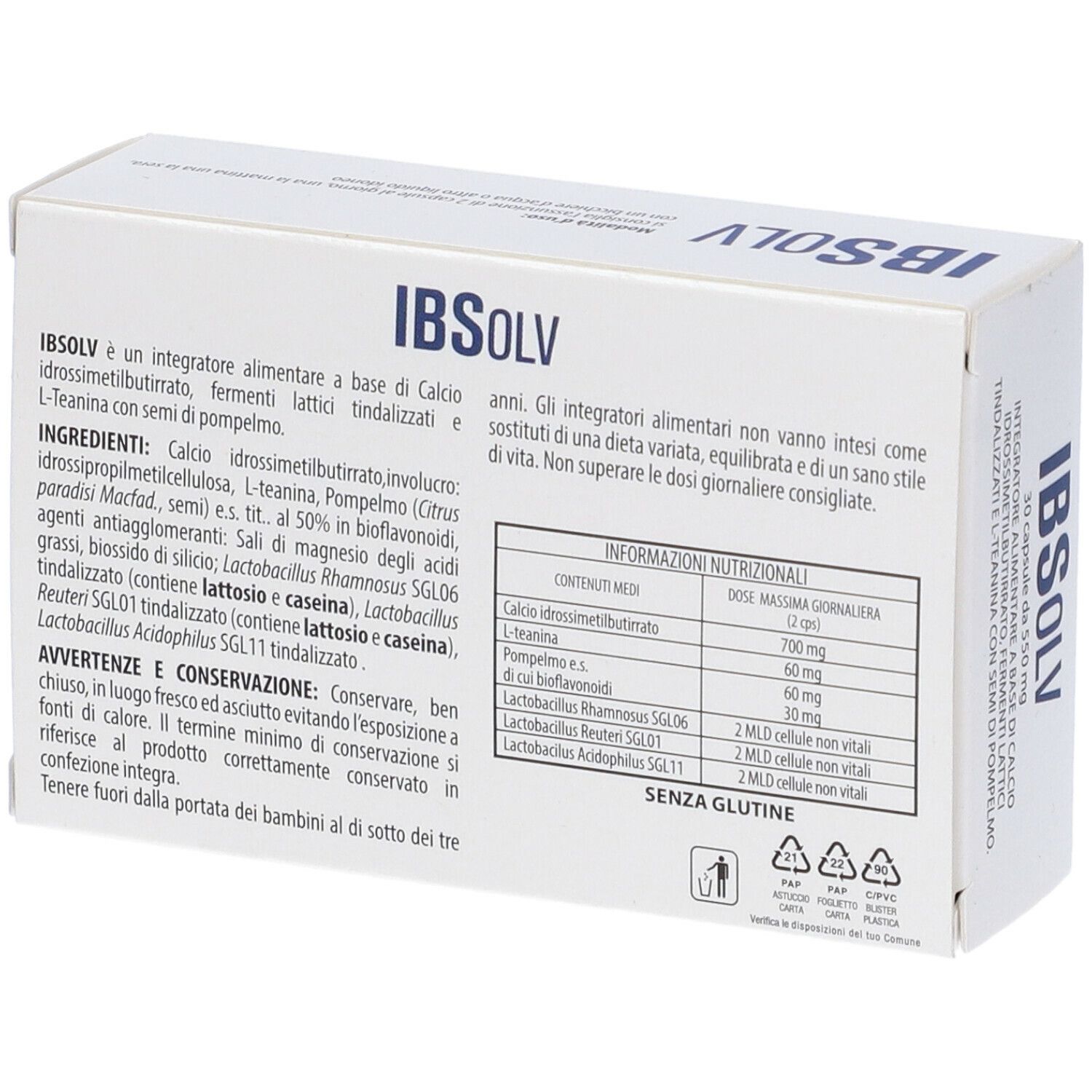 Rückseite der weißen Schachtel. Aufschrift: IBSOLV, Inhaltsstoffe, Nährwertangaben, Aurora biofarma. Text in italienischer Sprache.