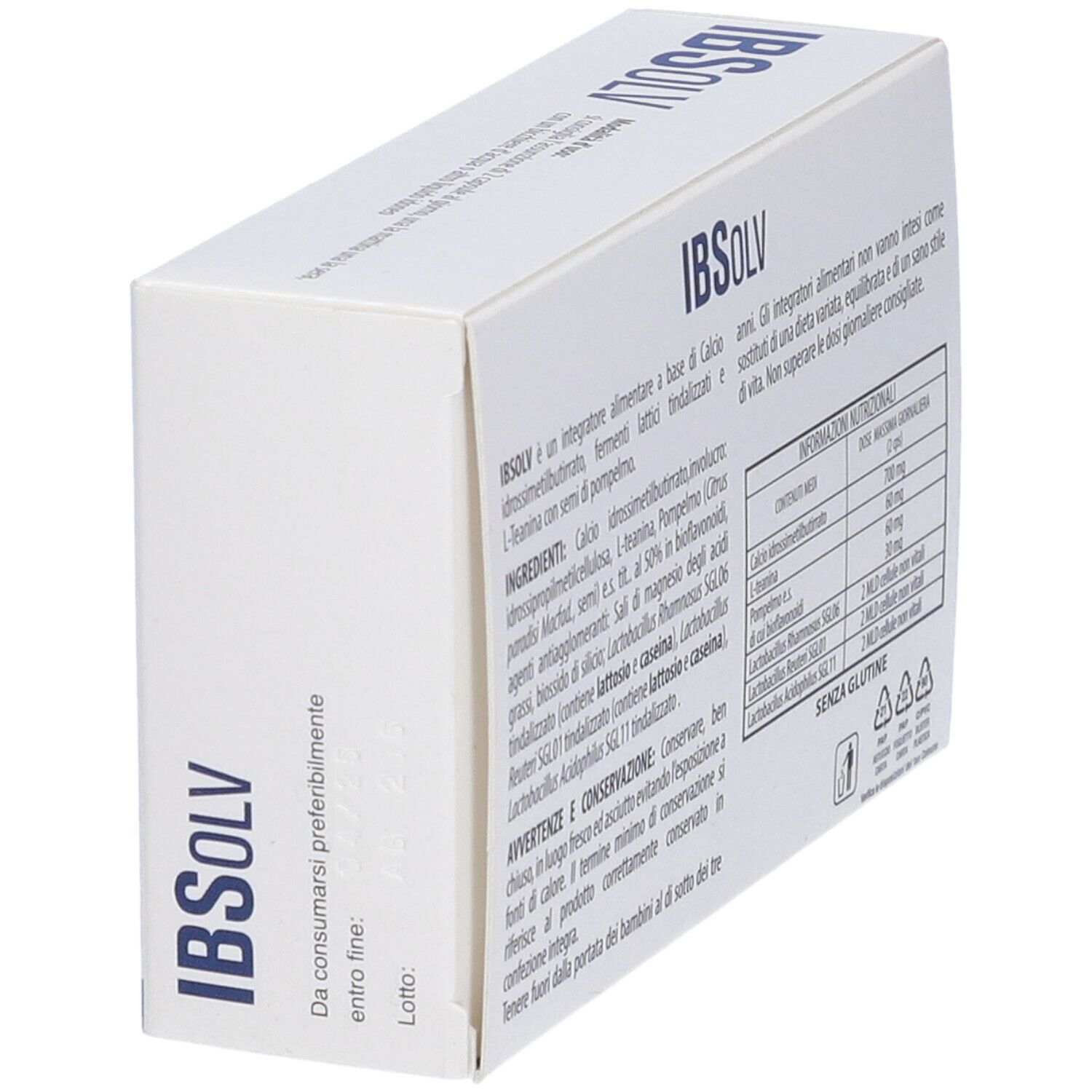 Schachtel mit Text. Aufschrift: IBSOLV, Inhaltsstoffe, Nährwertangaben, Aurora biofarma. Text in italienischer Sprache.