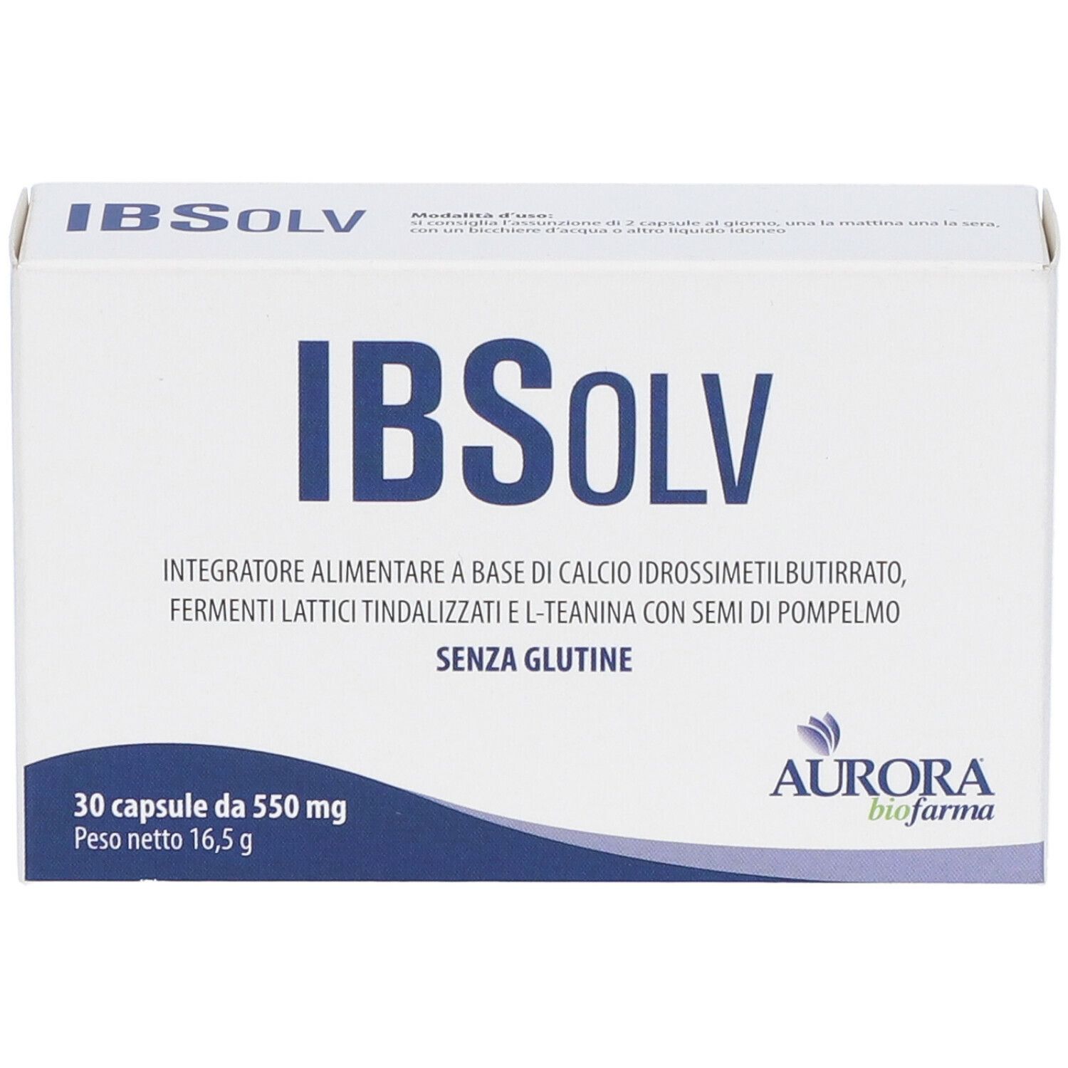 Weiße Schachtel mit blauer Schrift. Aufschrift: IBSOLV, 30 Kapseln, Aurora biofarma. Produktverpackung.