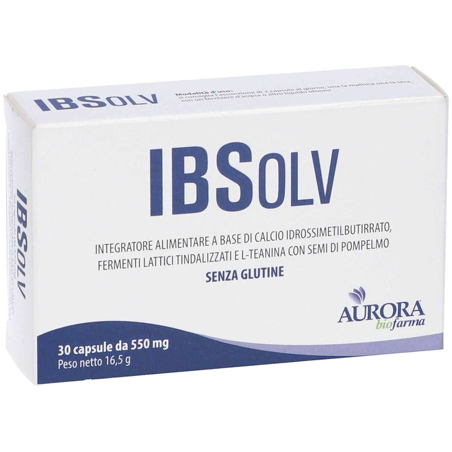 Weiße Schachtel mit blauer Schrift. Aufschrift: IBSOLV, 30 Kapseln, Aurora biofarma. Produktverpackung.