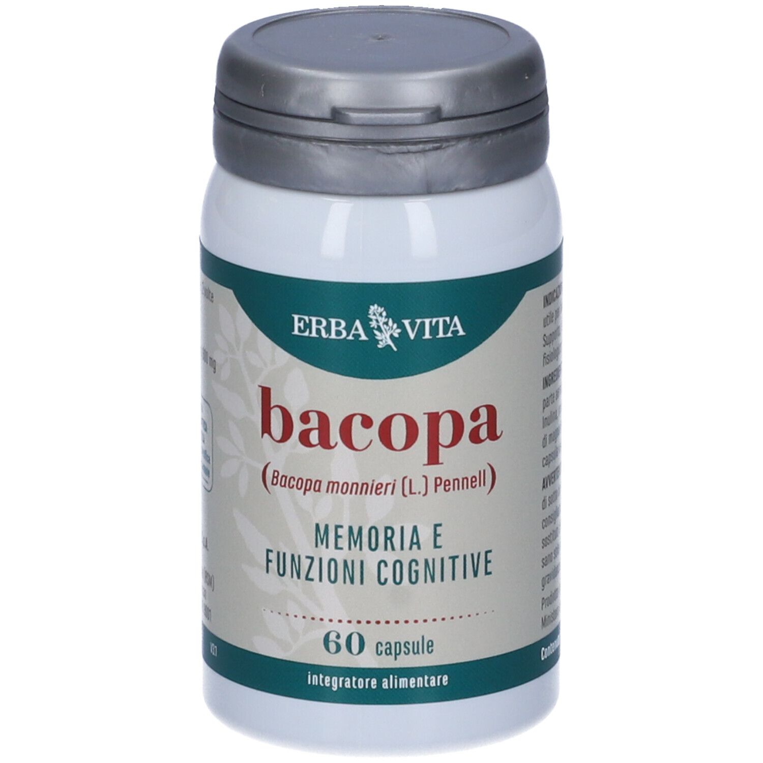 Flacon blanc avec bouchon gris. Inscription: Bacopa, 60 gélules. Marque: Erba Vita.