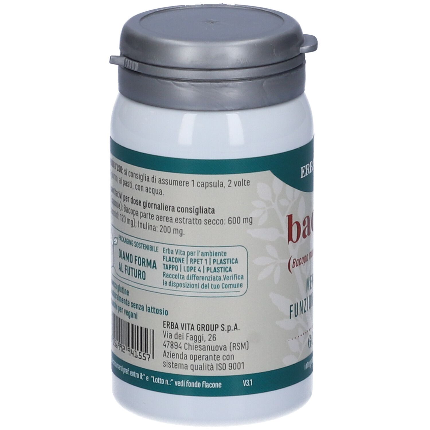 Dos du flacon blanc. Informations textuelles, ingrédients et adresse du fabricant. Bouchon gris.