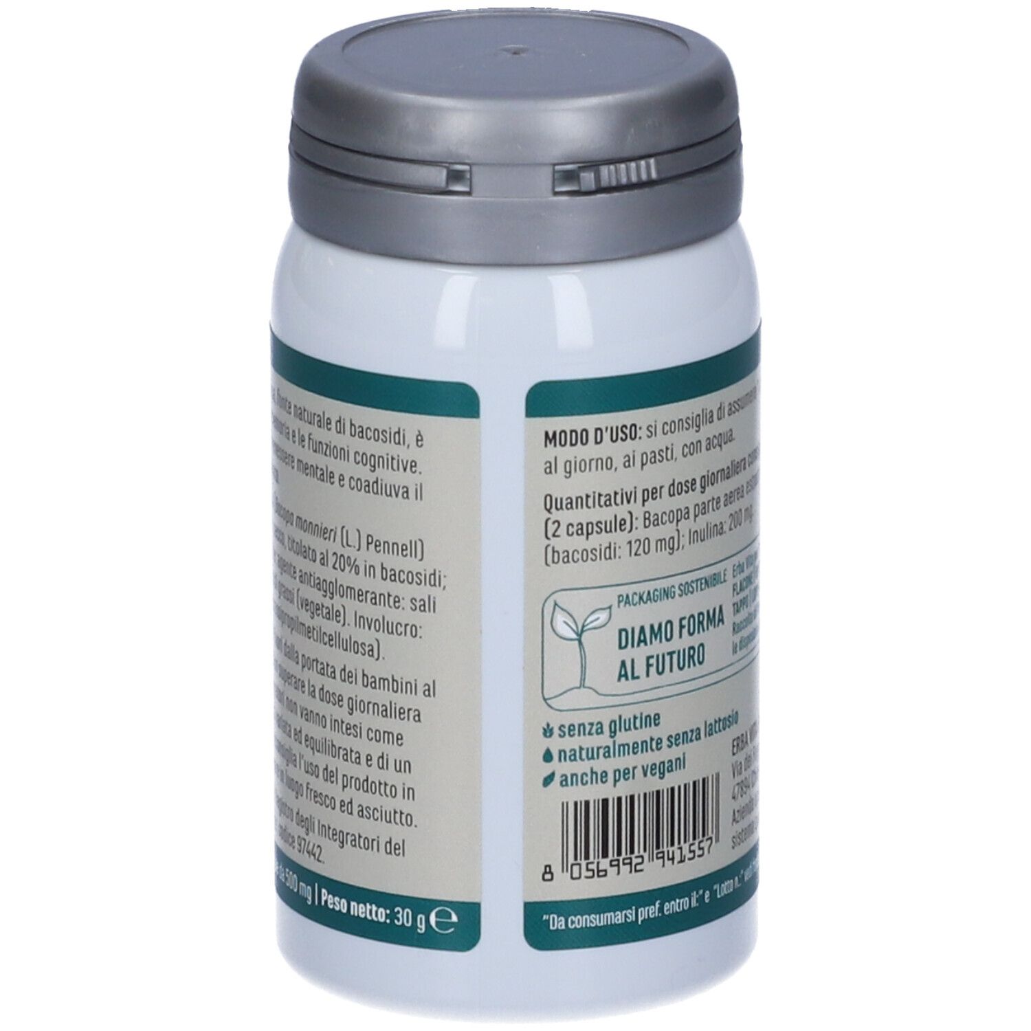 Dos du flacon blanc. Informations textuelles, ingrédients et poids. Bouchon gris.