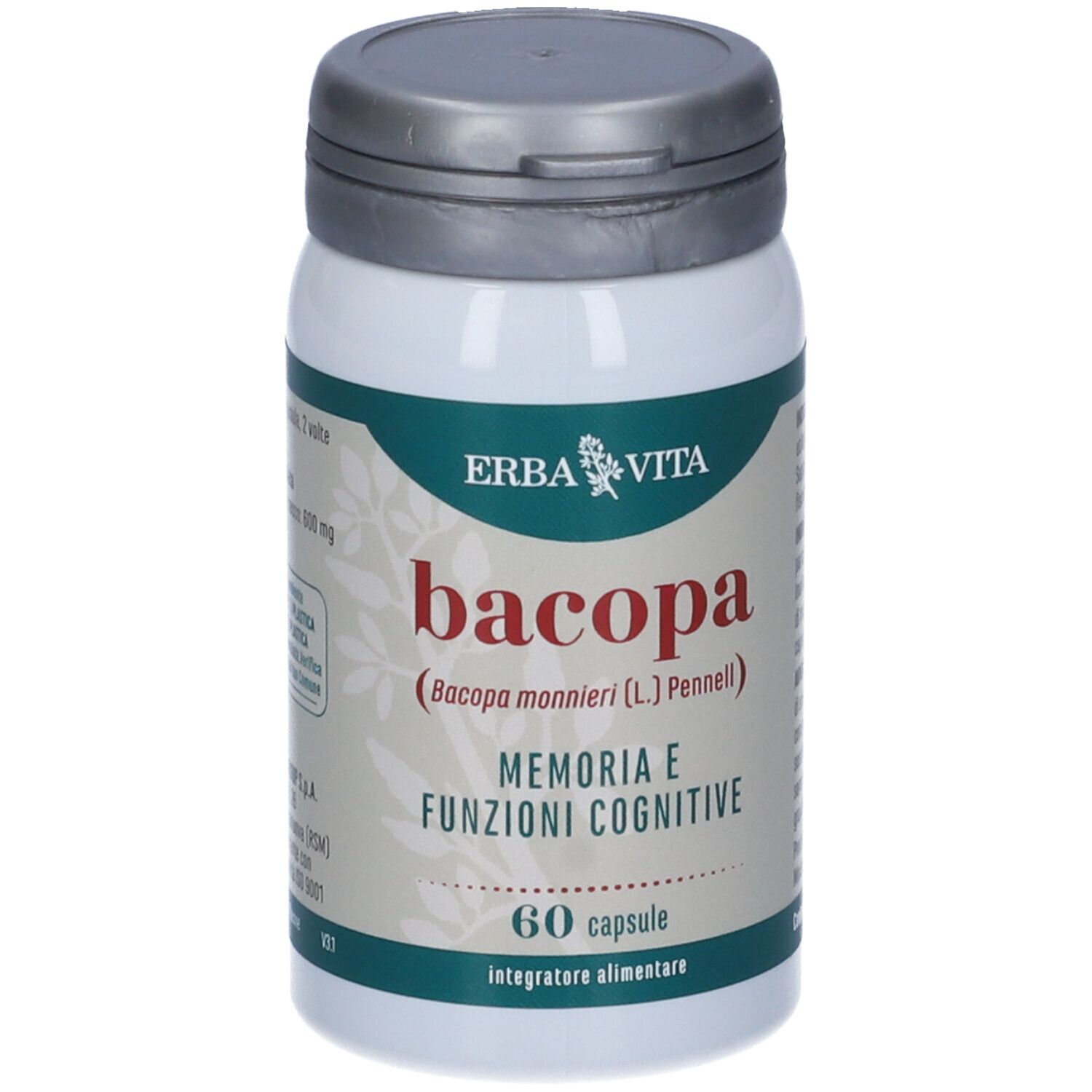 Flacon blanc avec bouchon gris. Inscription: Bacopa, 60 gélules. Marque: Erba Vita.