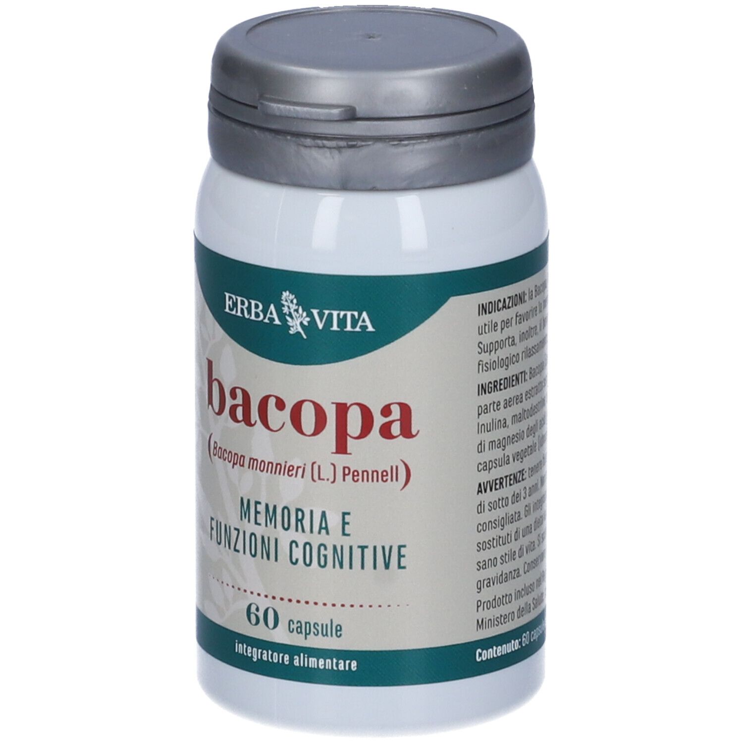 Flacon blanc avec bouchon gris. Inscription: Bacopa, 60 gélules. Marque: Erba Vita.