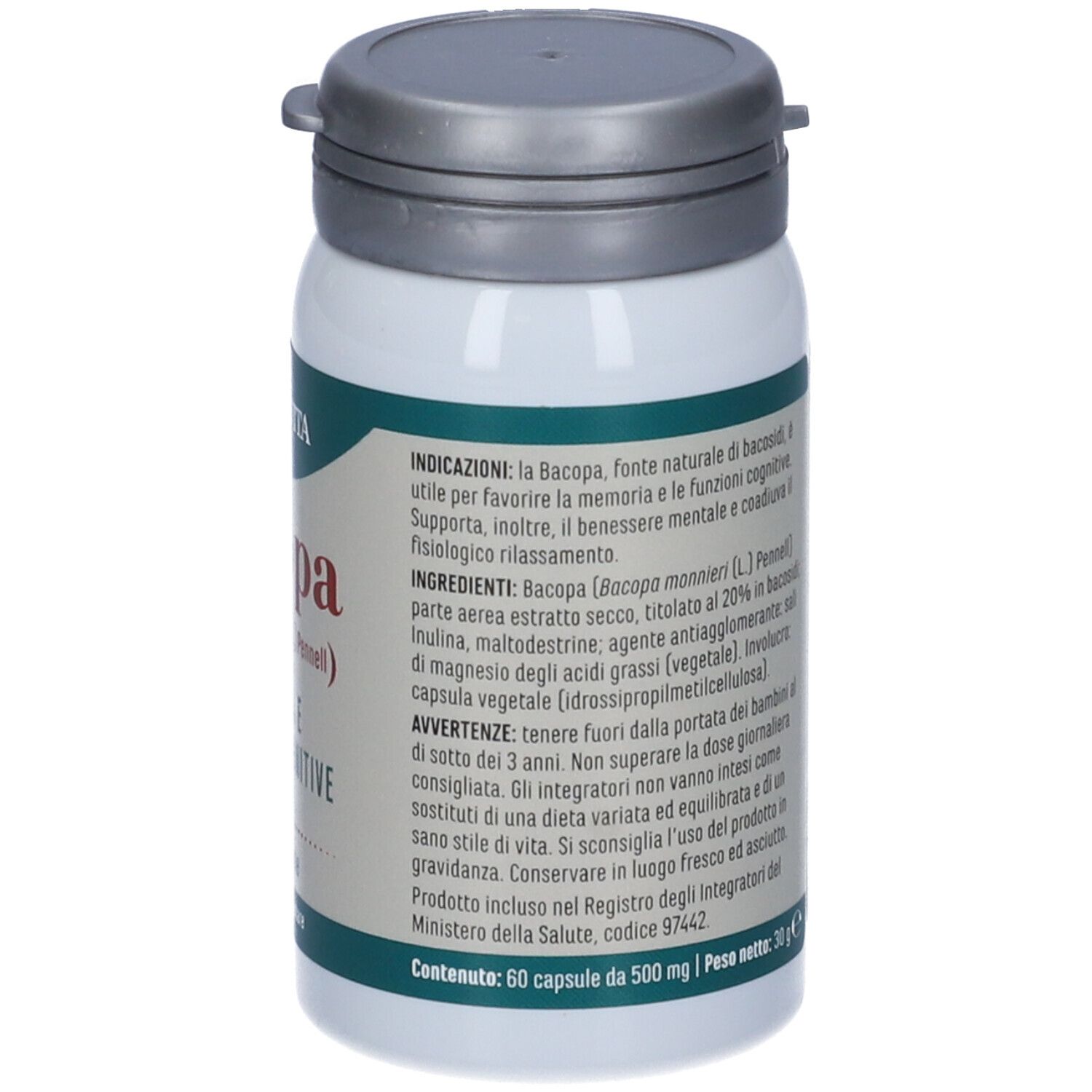 Flacon blanc avec bouchon gris. Inscription: Bacopa, 60 gélules. Marque: Erba Vita.