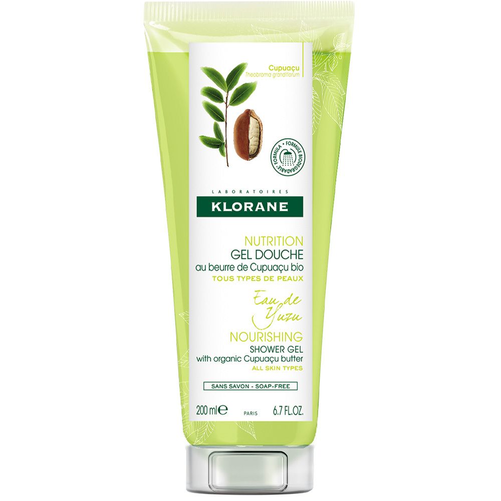 Grüne Tube mit weißem Etikett. Aufschrift: KLORANE, Nährstoff-Duschgel mit Cupuacu-Butter-Bio-Eau de Yuzu. 200 ml.