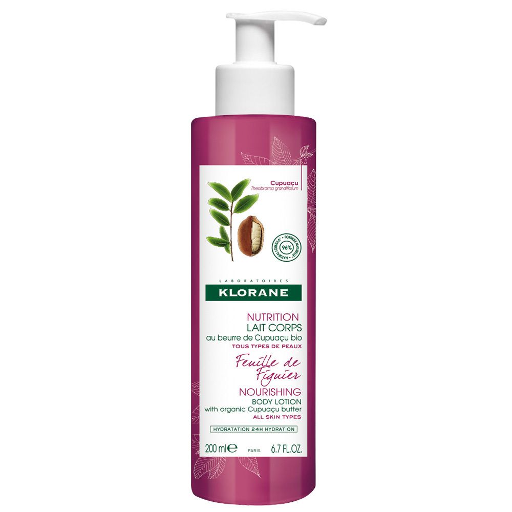 Flacon de lotion pour le corps avec pompe. Inscription : KLORANE, Lait corps nourrissant, feuille de figuier, 200 ml.