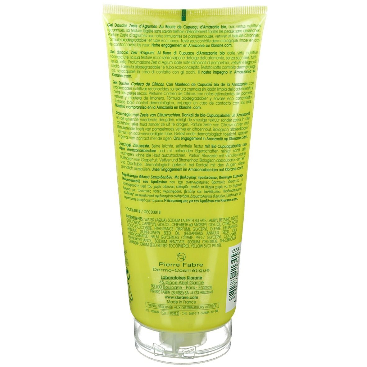 Rückseite der Klorane Duschgel-Tube. Textinformationen in verschiedenen Sprachen, transparente Kappe.