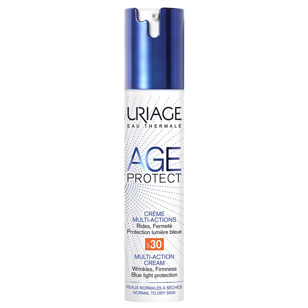 Weiß-blaue Tube mit Aufschrift AGE PROTECT, SPF30. Für normale bis trockene Haut.
