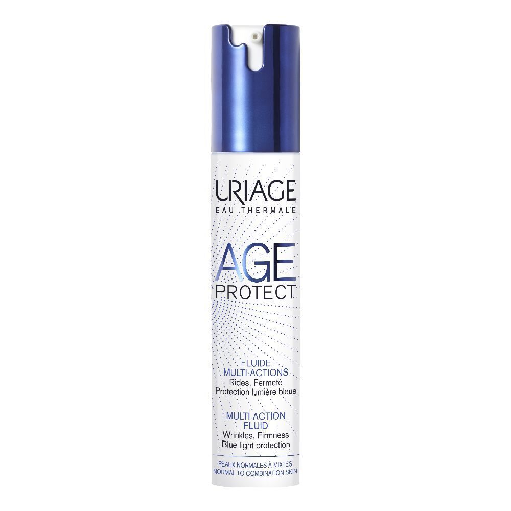 Uriage Age Protect Fluid. Weiße Tube mit blauem Deckel. Schriftzug und Produktbezeichnung.