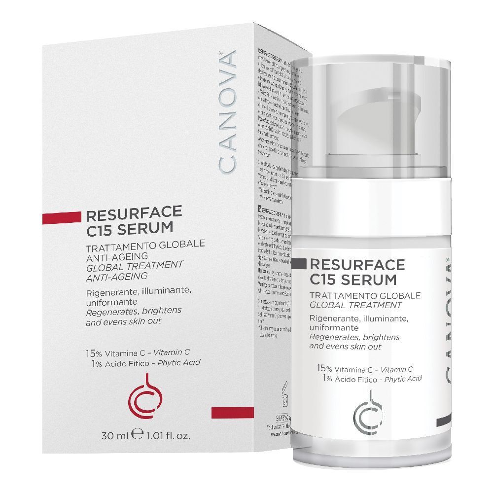 Weiße Flasche mit Serum und Umverpackung. Aufschrift: Re-Surface C15 Serum, 30 ml. Marke: Canova.
