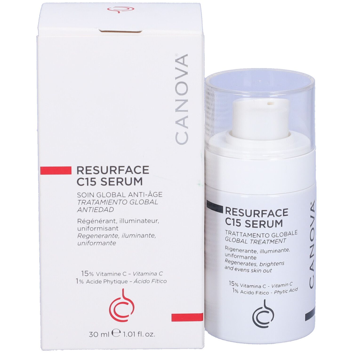 Weiße Serumflasche und Umverpackung. Aufschrift: Re-Surface C15 Serum, 30 ml. Marke: Canova.