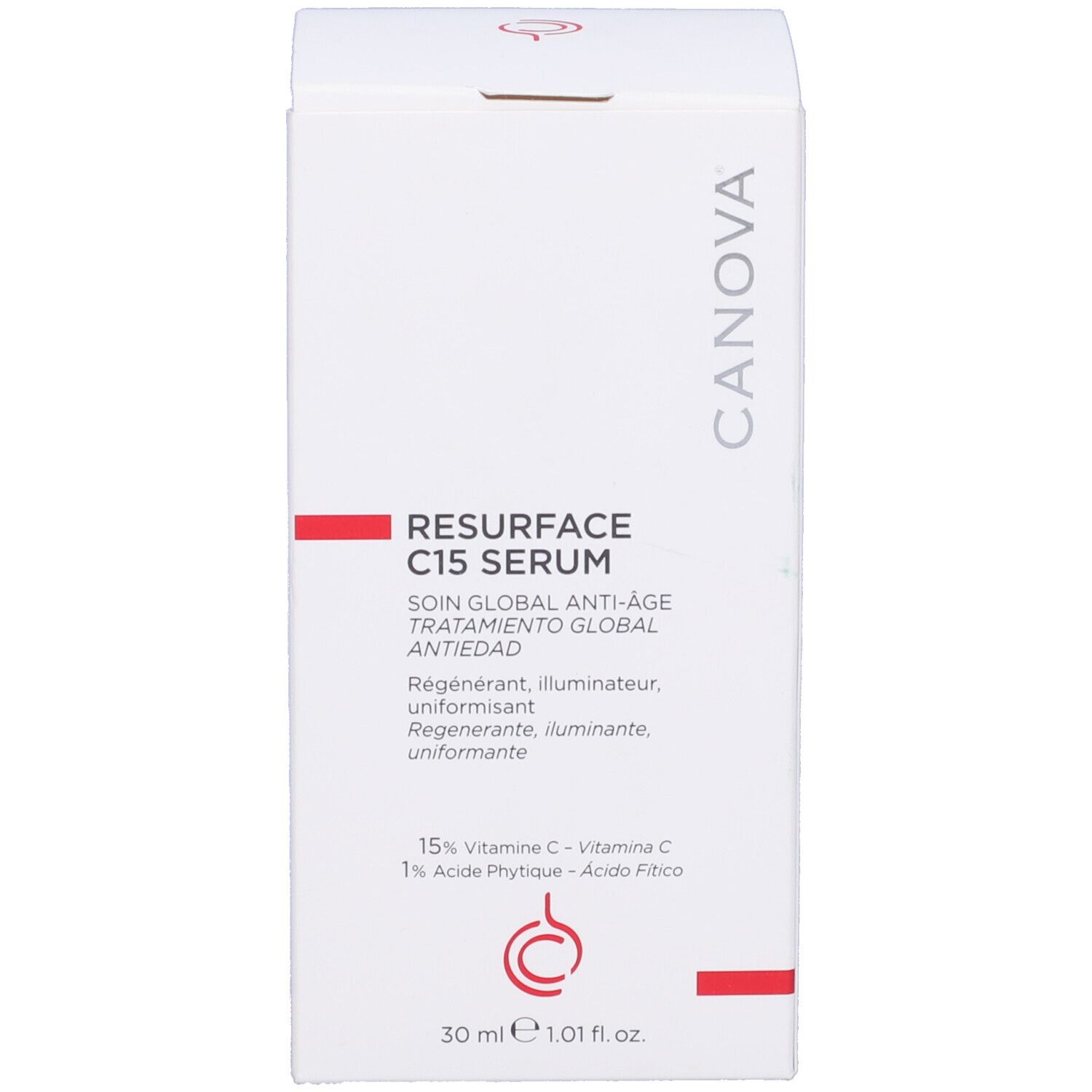 Umverpackung für Serum. Aufschrift: Re-Surface C15 Serum, 30 ml. Marke: Canova.
