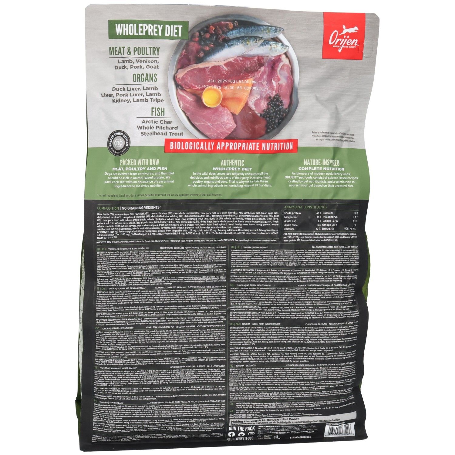 Rückseite des Orijen Tundra Hundefutterbeutels, 2kg, mit Zutatenübersicht.