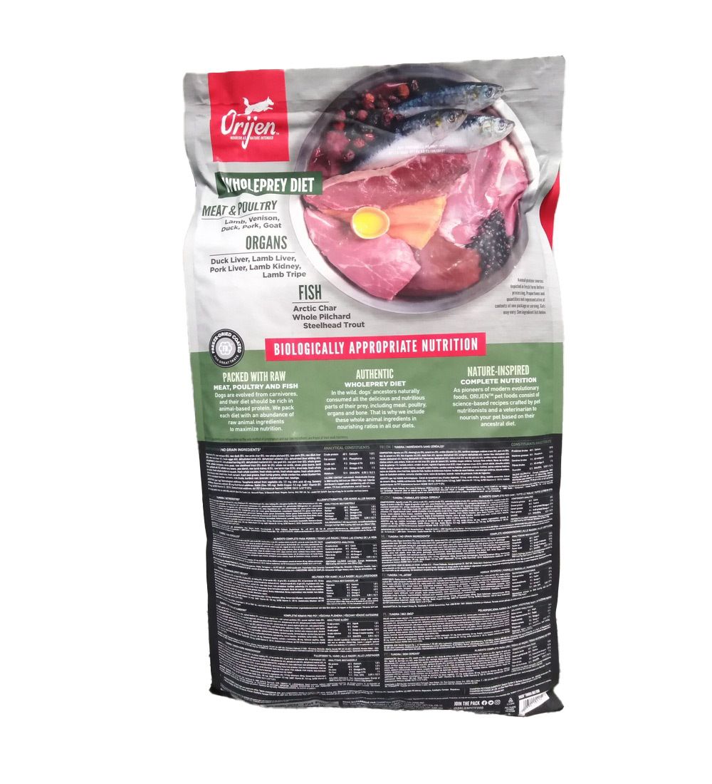 Rückseite des Hundefutterbeutels. Marke: Orijen. Aufschrift: Wholeprey Diet, Fleisch & Geflügel, Organe, Fisch. Zutatenliste.