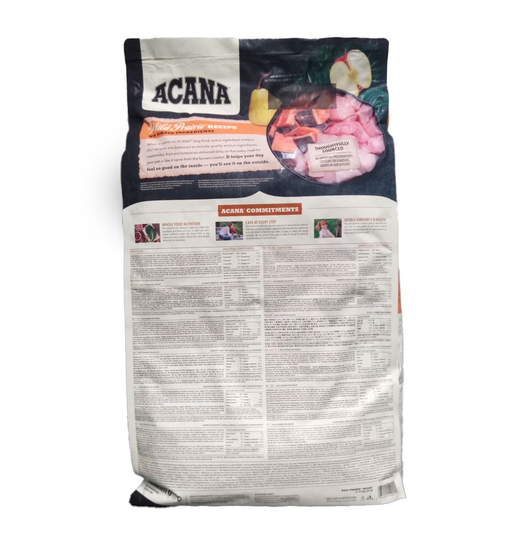 Dos du sac de nourriture pour chiens ACANA Wild Prairie. Contient des informations sur les ingrédients et la valeur nutritionnelle. Logo ACANA.
