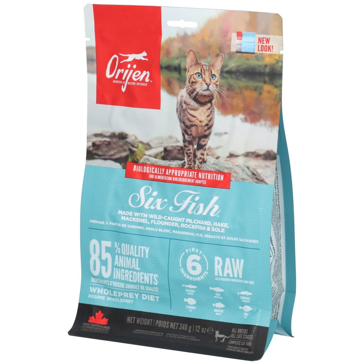 ORIJEN Six Fish Katzenfutter-Beutel mit Katze und Fisch-Motiv. 340g.