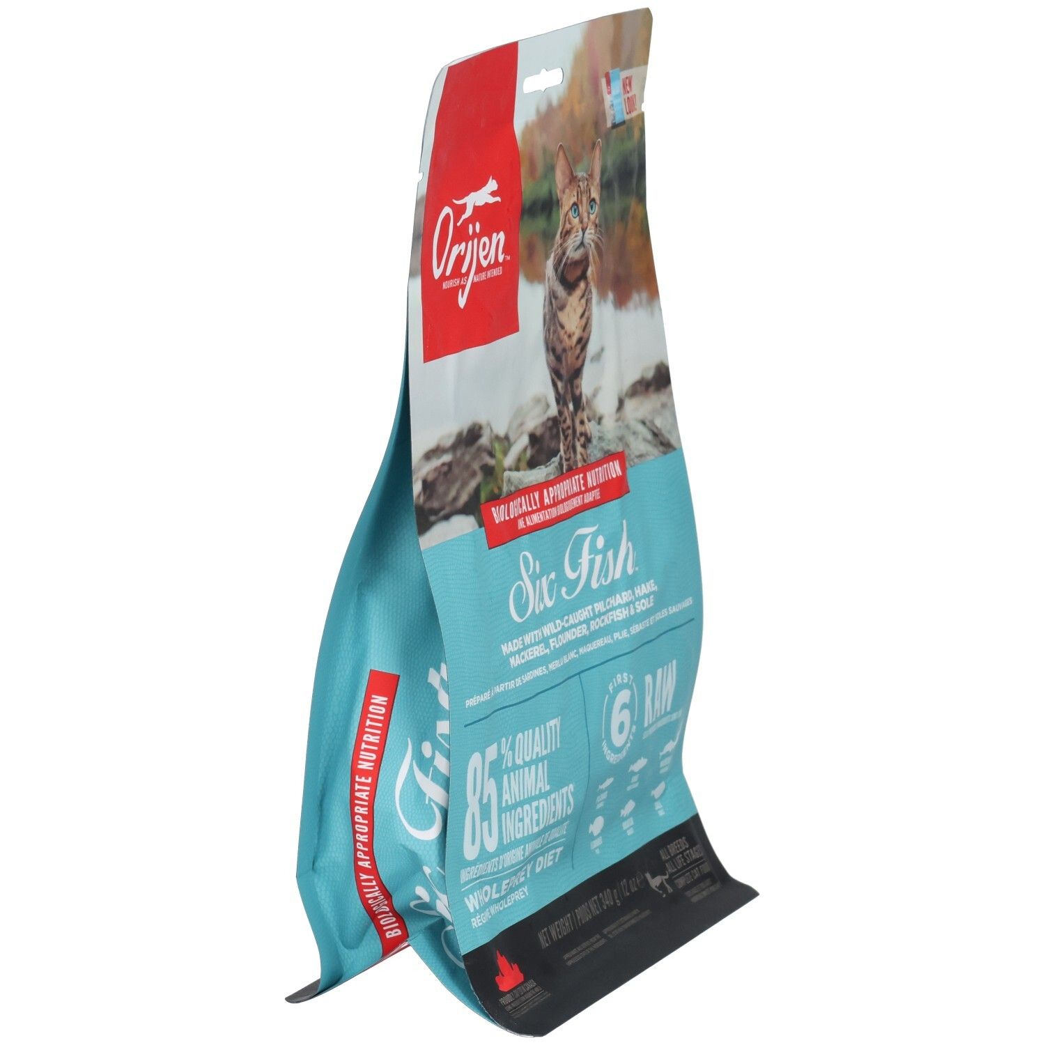 Seitenansicht des ORIJEN Six Fish Katzenfutter-Beutels. 340g.