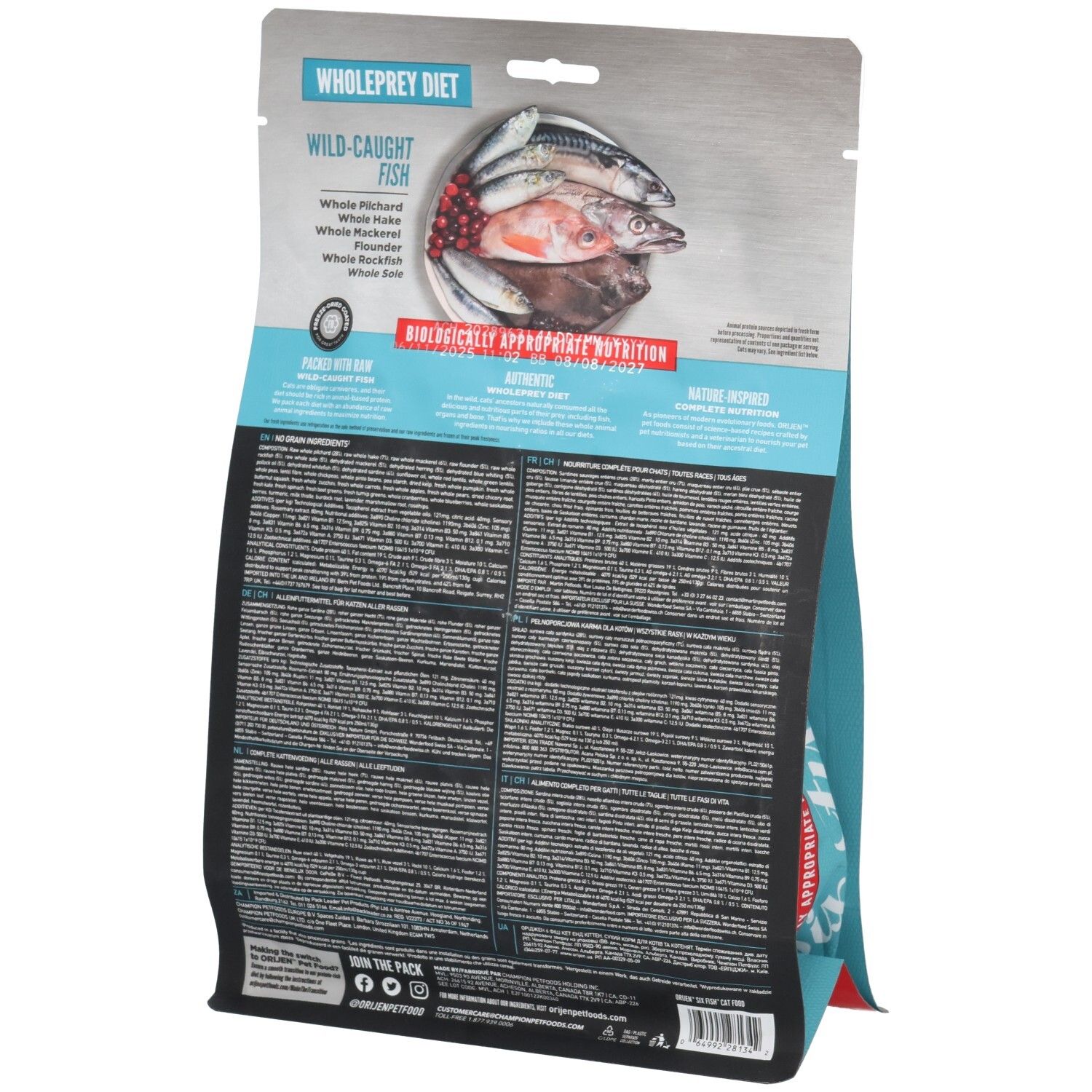 Rückseite des ORIJEN Six Fish Katzenfutter-Beutels mit Fisch-Illustration. 340g.