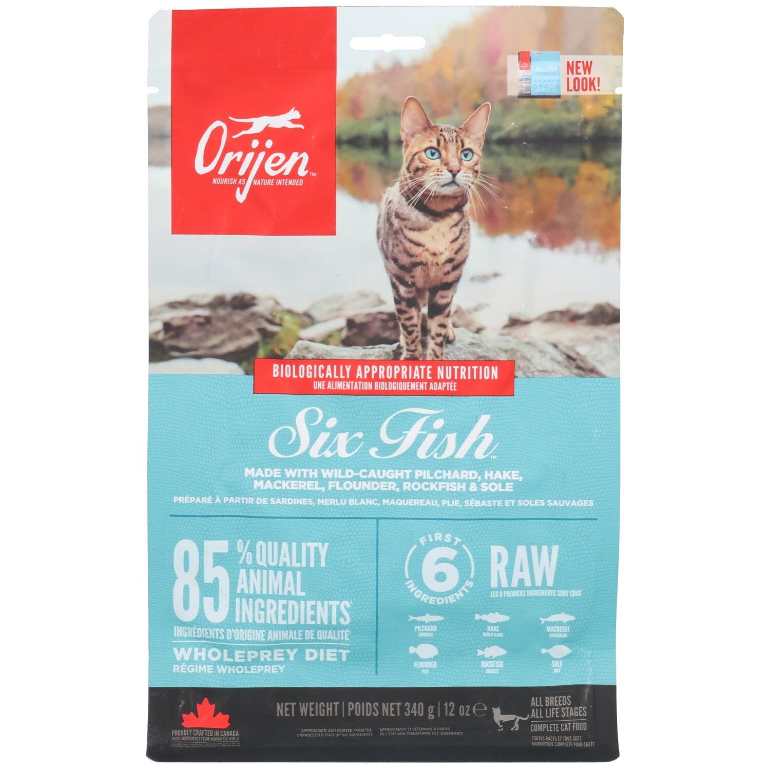 ORIJEN Six Fish Katzenfutter-Beutel mit Katze und Fisch-Motiv. 340g.