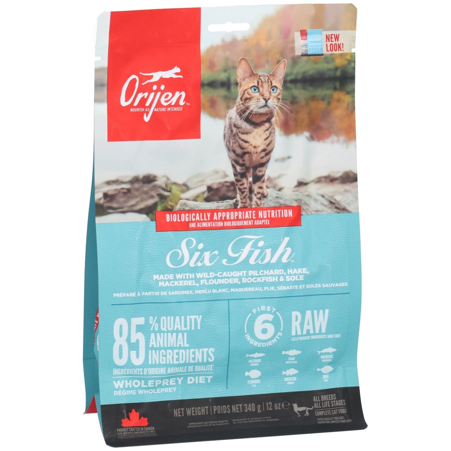 ORIJEN Six Fish Katzenfutter-Beutel mit Katze und Fisch-Motiv. 340g.
