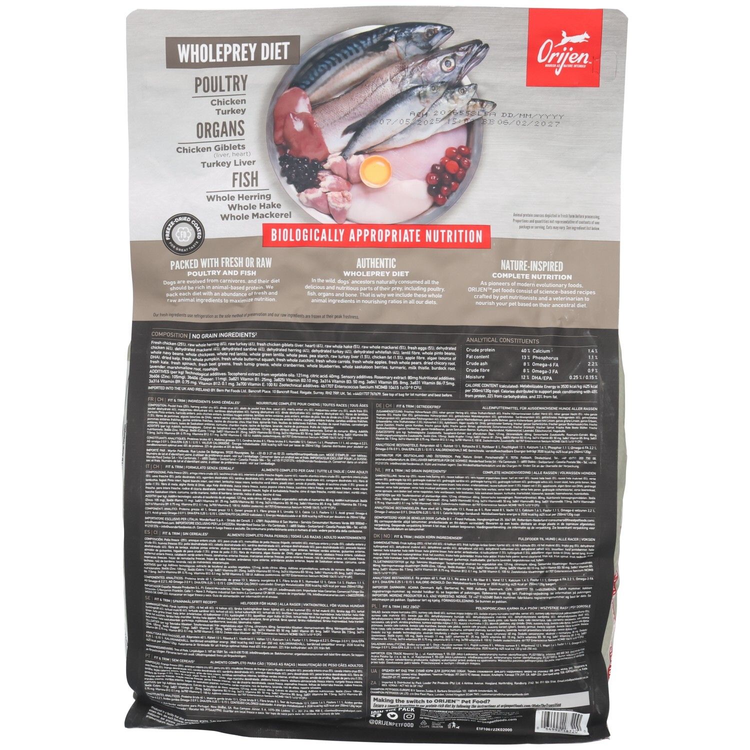 Arrière du sac de nourriture pour chien Orijen Fit & Trim (2kg). Détails sur les ingrédients et la nutrition.