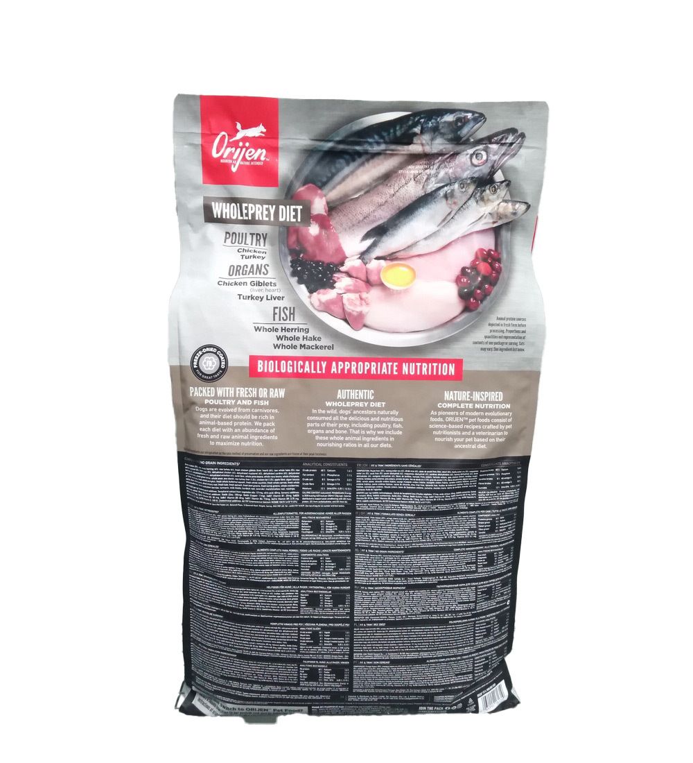 Rückseite des Orijen Fit & Trim Hundefutter-Beutels. Enthält Informationen und Abbildungen von Zutaten. 11,4 kg.