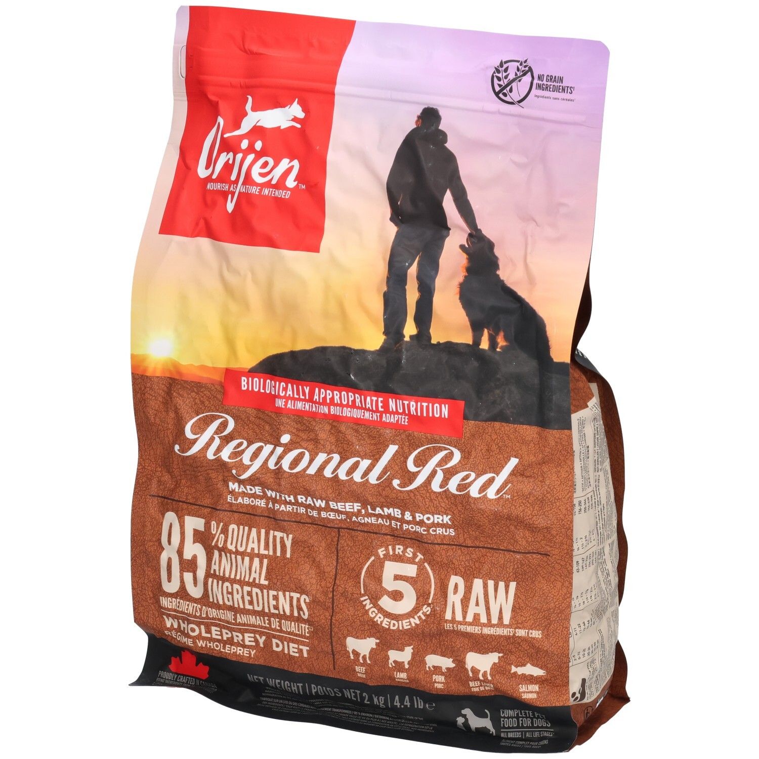 Beutel mit ORIJEN DOG REGIONAL RED. Aufschrift "Regional Red", 85% tierische Zutaten. Abbildung von Mann und Hund.